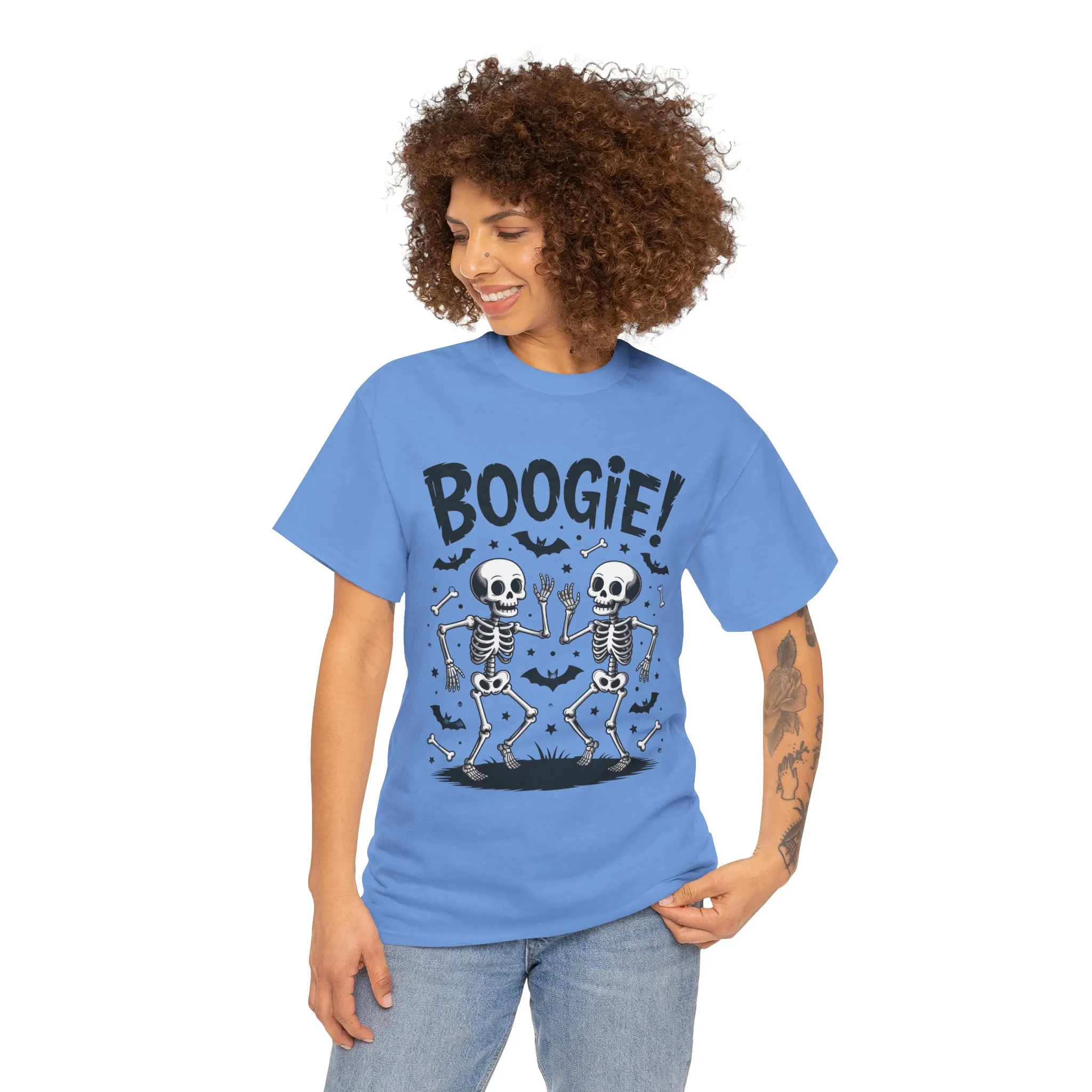 Halloween Dancing Skeletons Women's T-Shirt, BOOGIE! Funny Spooky Graphic Tee for Women, Women's Heavy Cotton Tee