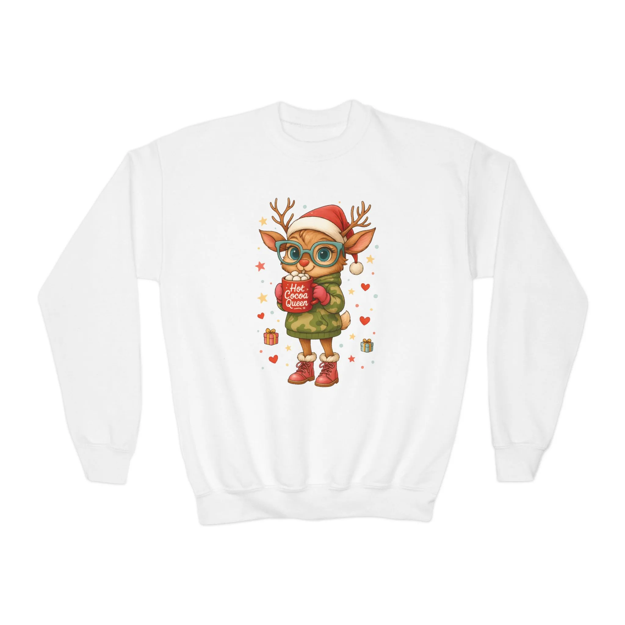 Hot Cocoa Queen Christmas Sweatshirt for Girls, Cute Holiday Reindeer Jumper - Image 3