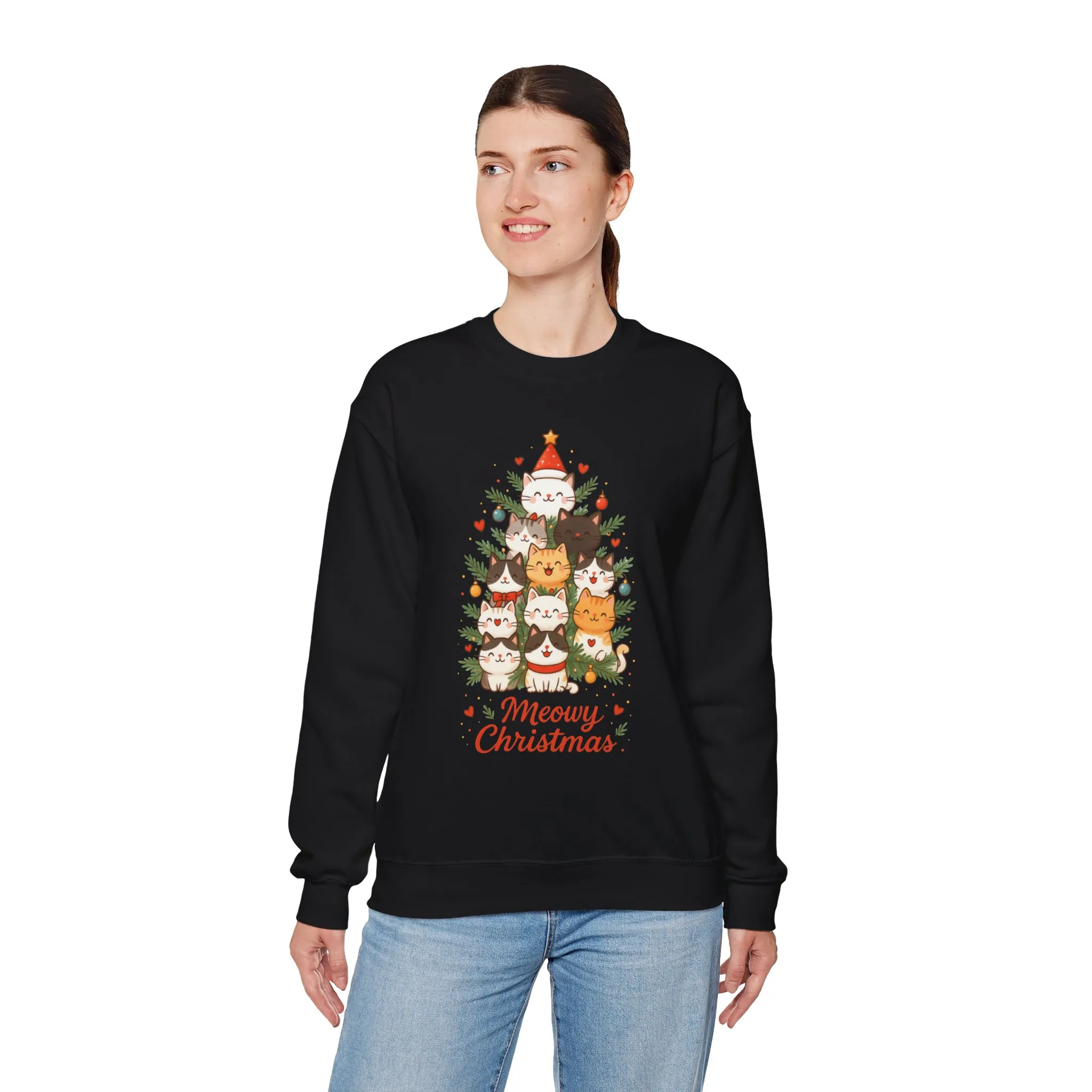 Women's Meowy Christmas Cat Sweatshirt, Cute Holiday Kitty Pullover - Image 3