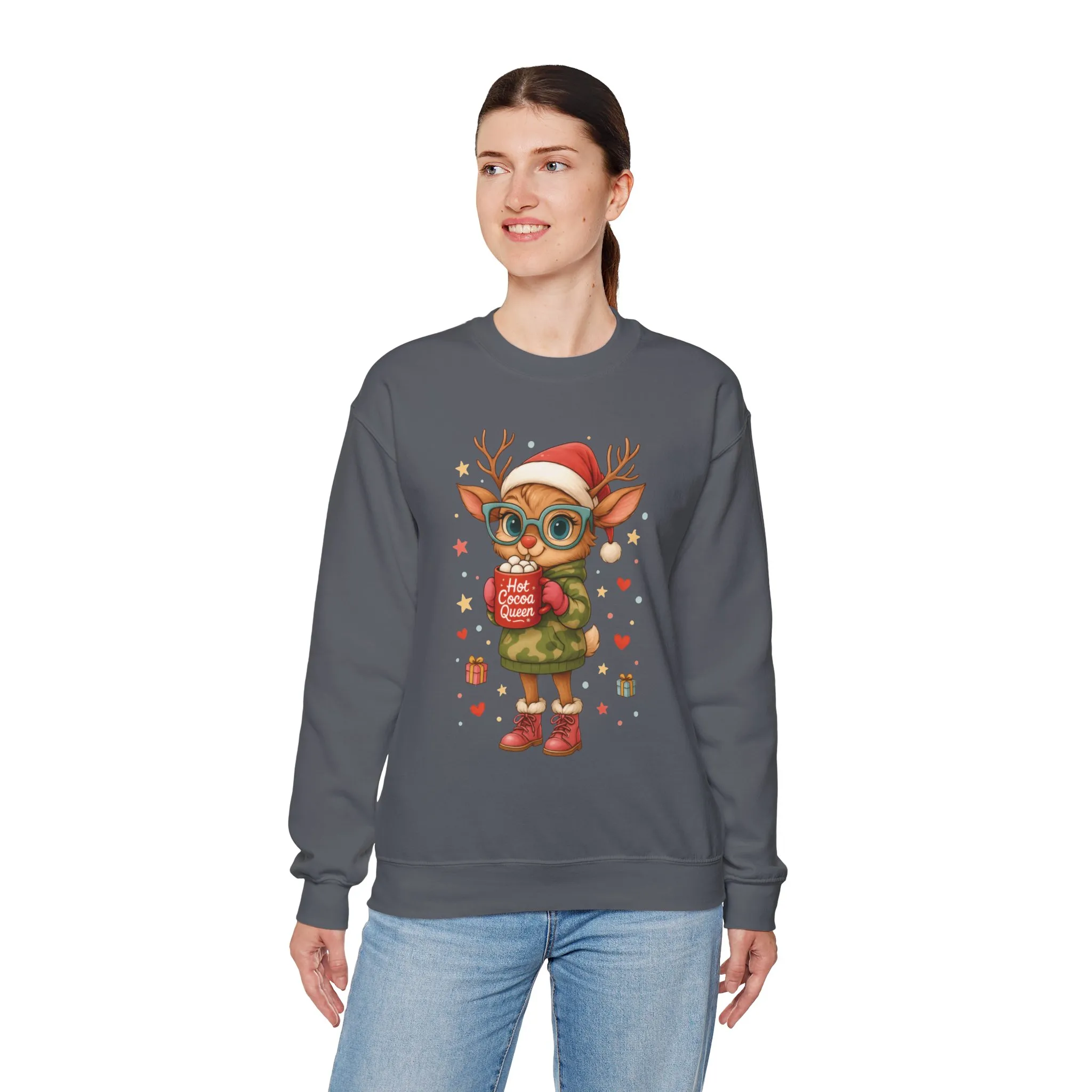 Hot Cocoa Queen Christmas Women's Sweatshirt, Cute Cozy Holiday Reindeer Pullover - Image 15