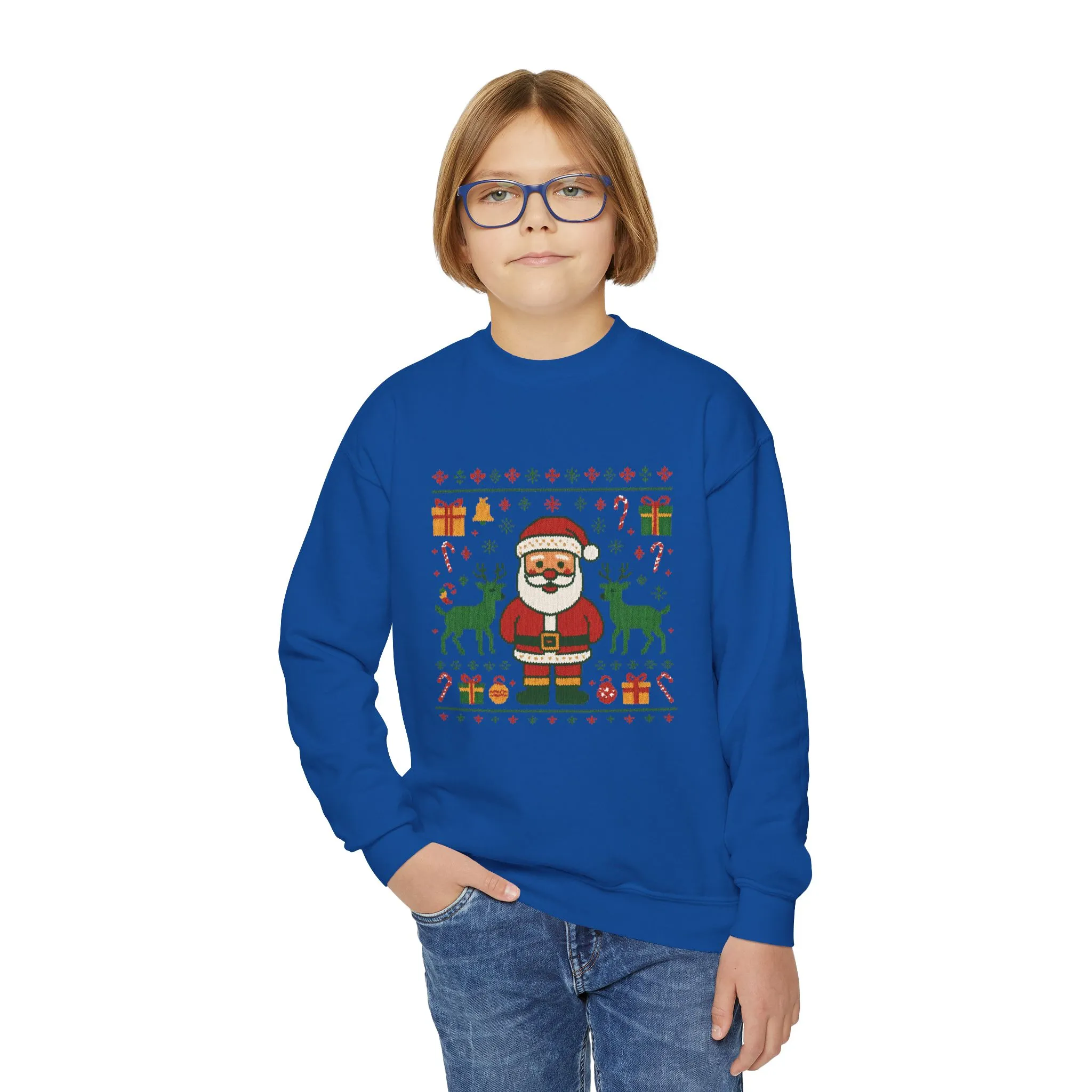 Kids Santa Christmas Shirt, Cute Knit Pattern Holiday Sweatshirt, Youth Crewneck Sweatshirt - Image 18