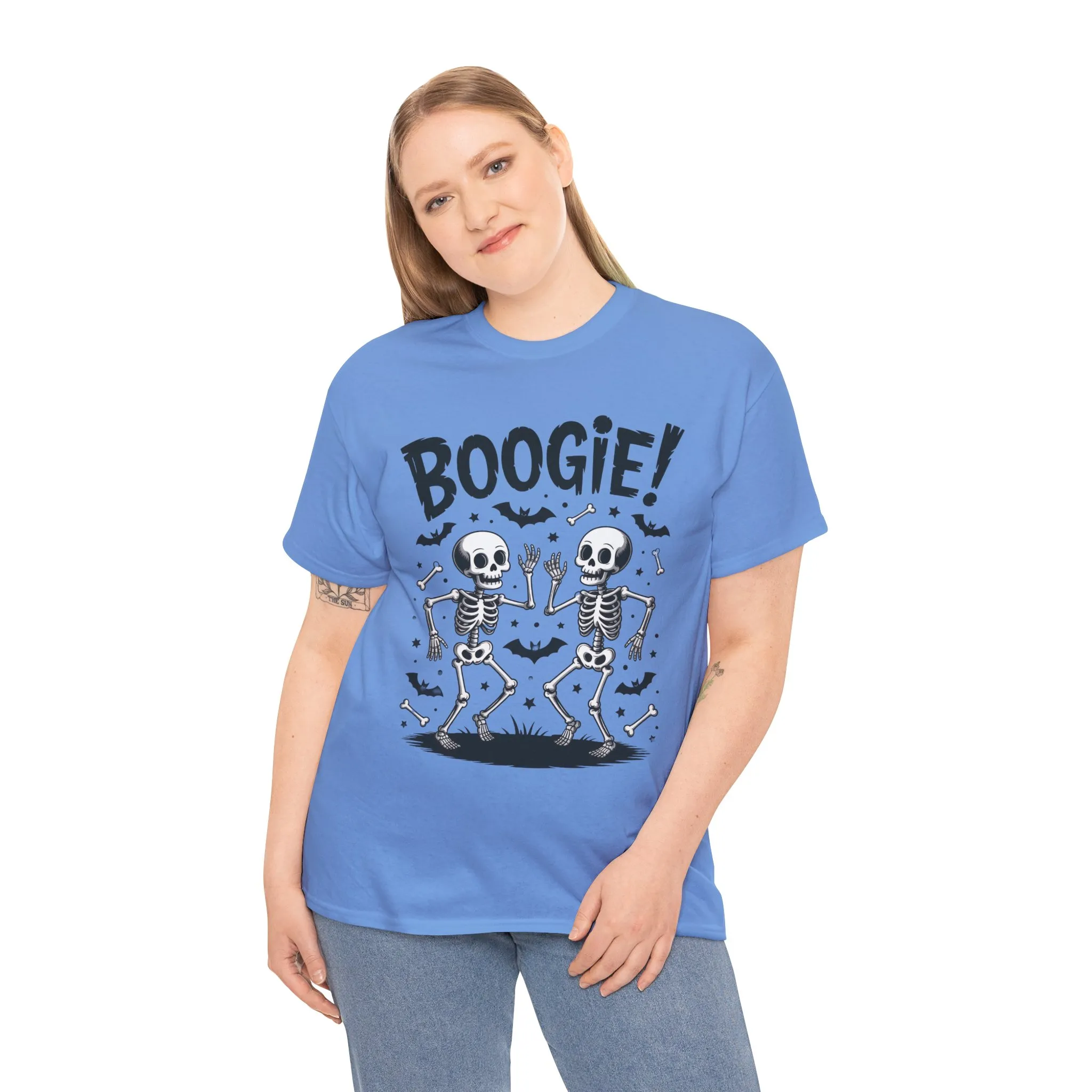 Halloween Dancing Skeletons Women's T-Shirt, BOOGIE! Funny Spooky Graphic Tee for Women, Women's Heavy Cotton Tee - Image 3