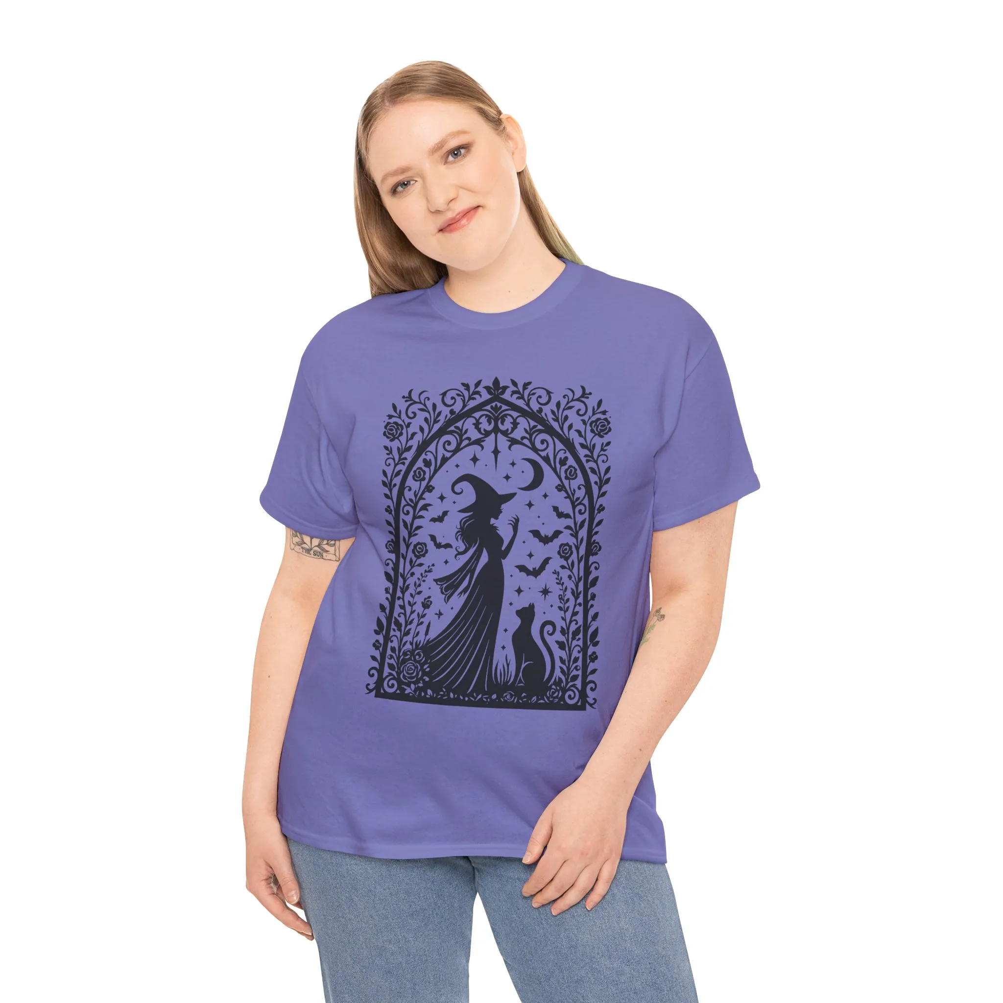 Gothic Witch & Cat Women's T-Shirt, Elegant Halloween Moon Silhouette Witchy Graphic Tee - Image 21