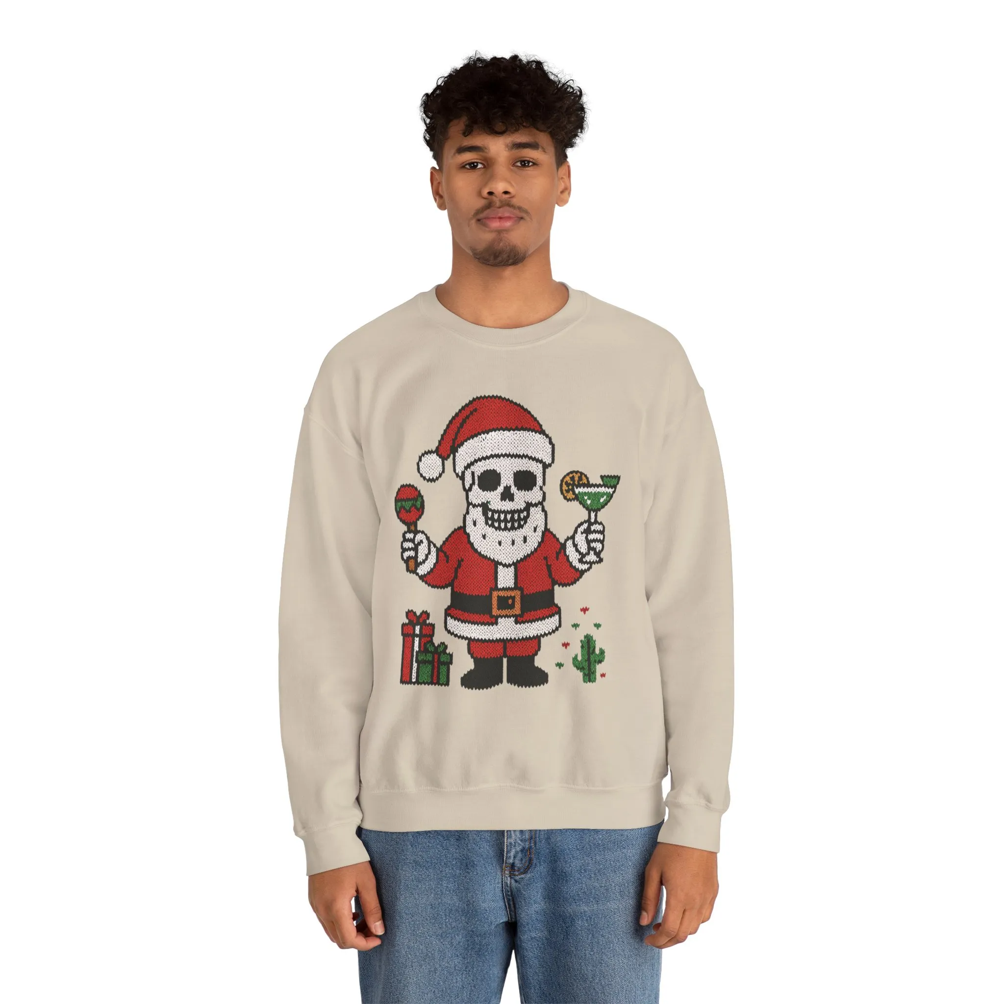 Funny Santa Skull Christmas Men's Sweatshirt, Holiday Margarita Pullover - Image 8