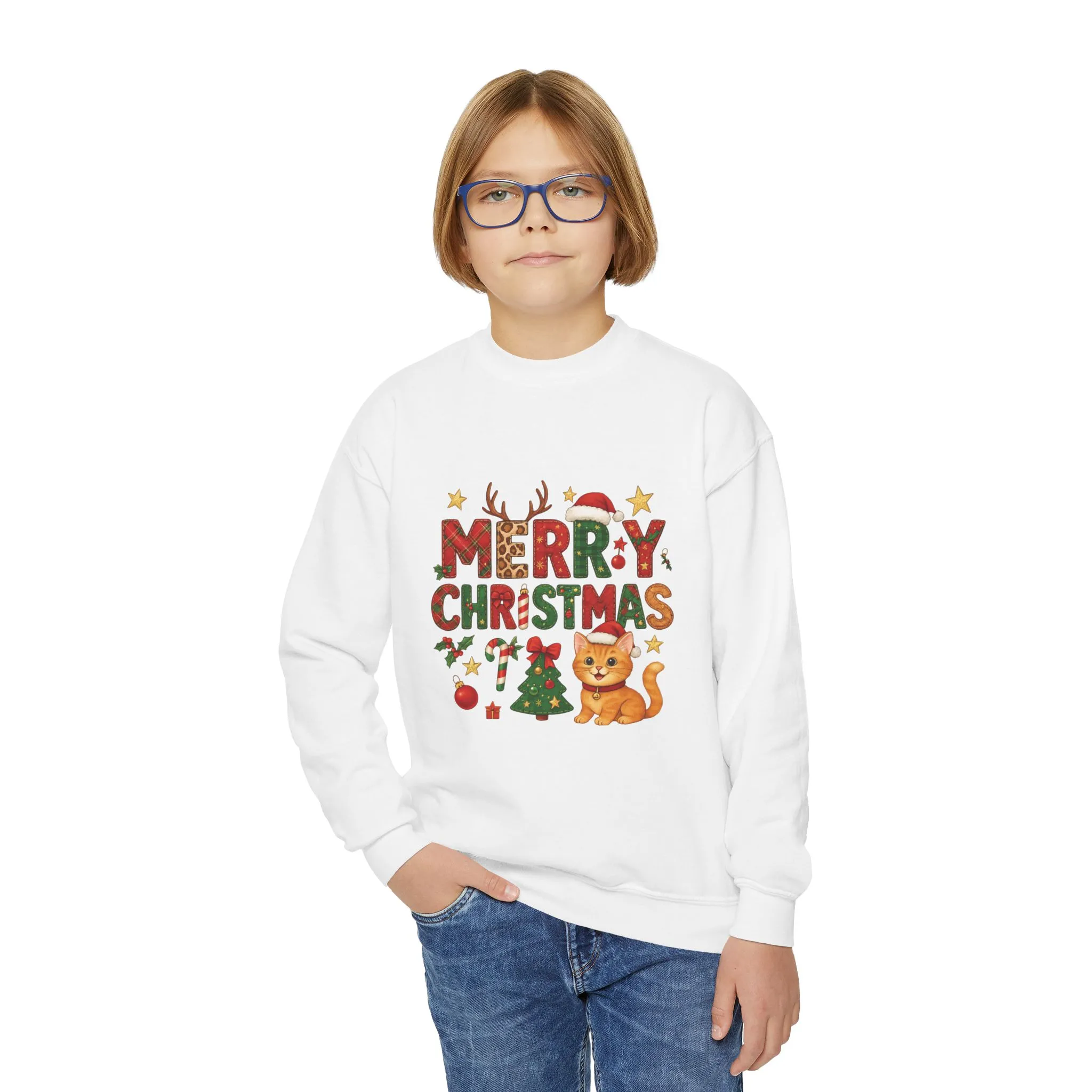 Merry Christmas Cat Sweatshirt for Girls, Cozy Holiday Kitten Jumper, Youth Crewneck Sweatshirt - Image 3