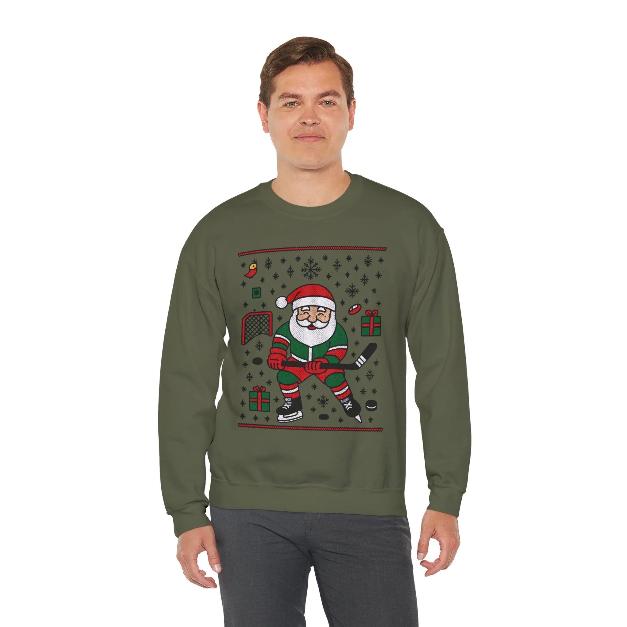 Hockey Santa Men's Christmas Sweatshirt, Funny Sports Holiday Jumper - Image 9