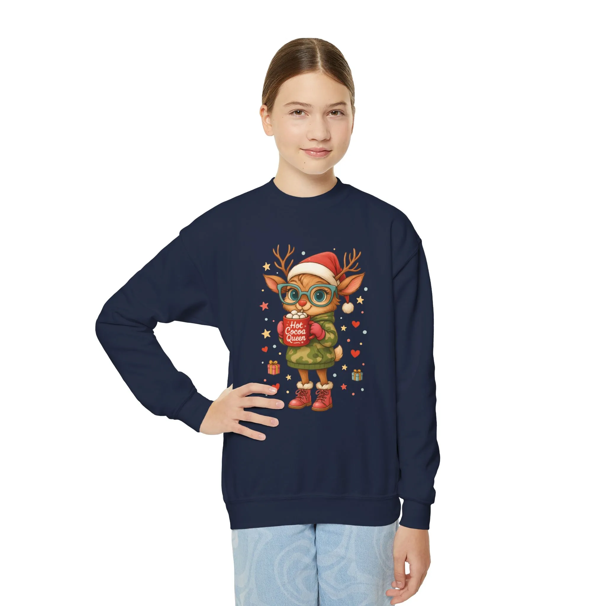 Hot Cocoa Queen Christmas Sweatshirt for Girls, Cute Holiday Reindeer Jumper - Image 14