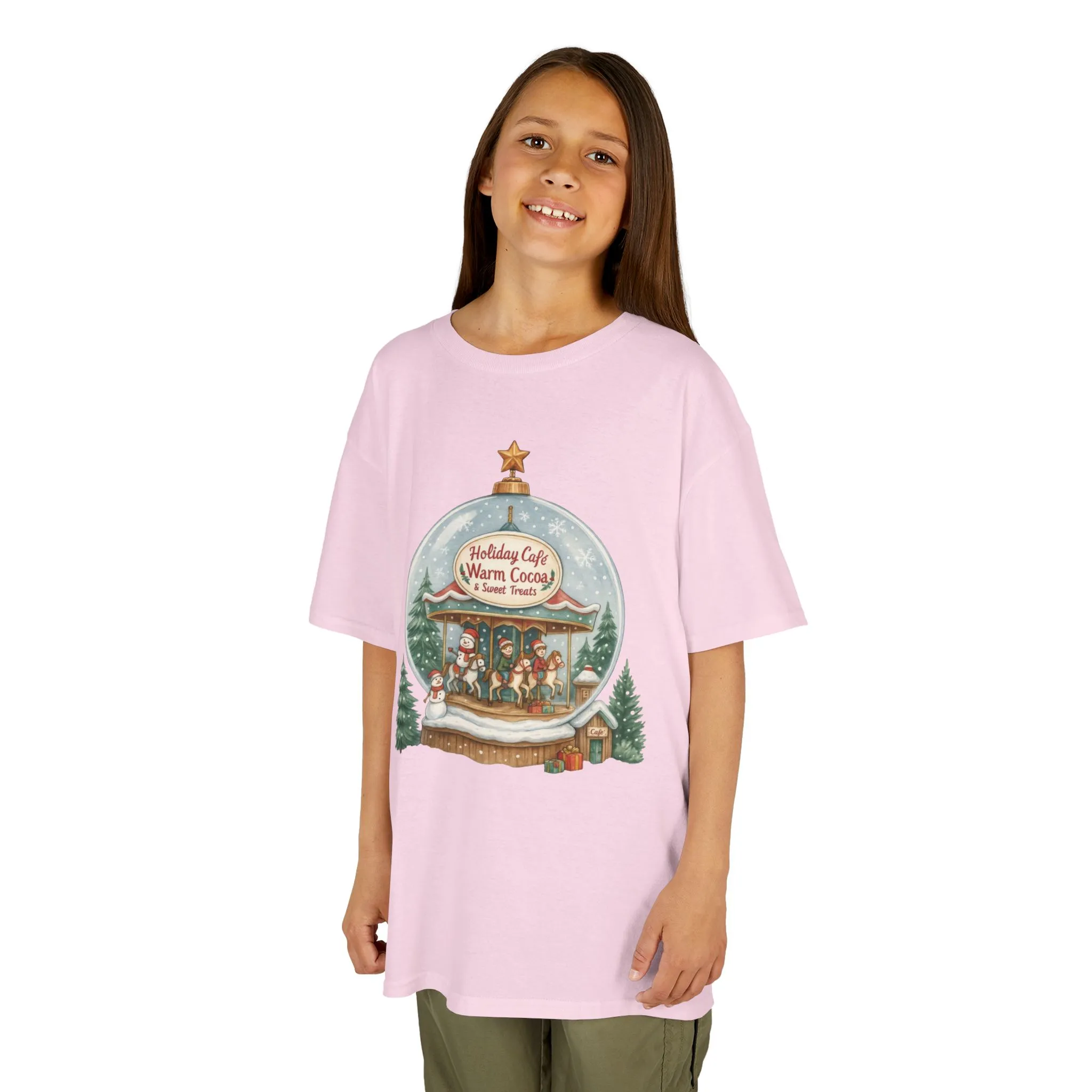 Youth Holiday Café Christmas T-Shirt, Warm Cocoa Carousel Kids Tee - Image 2