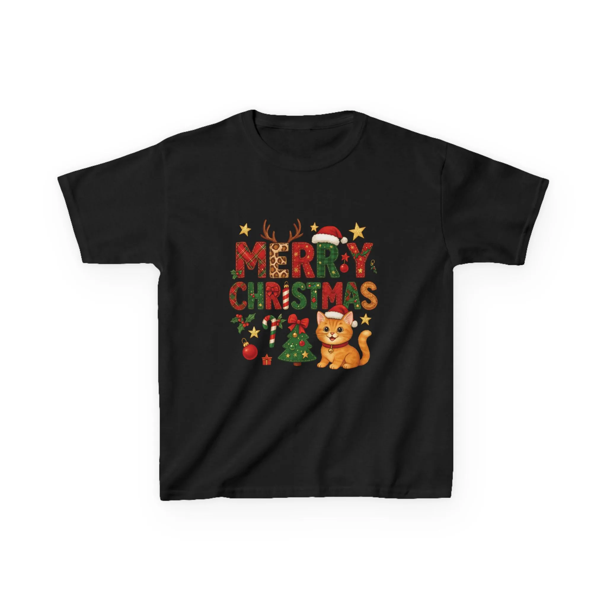 Merry Christmas Cat Shirt for Girls, Cute Holiday Kitten Tee