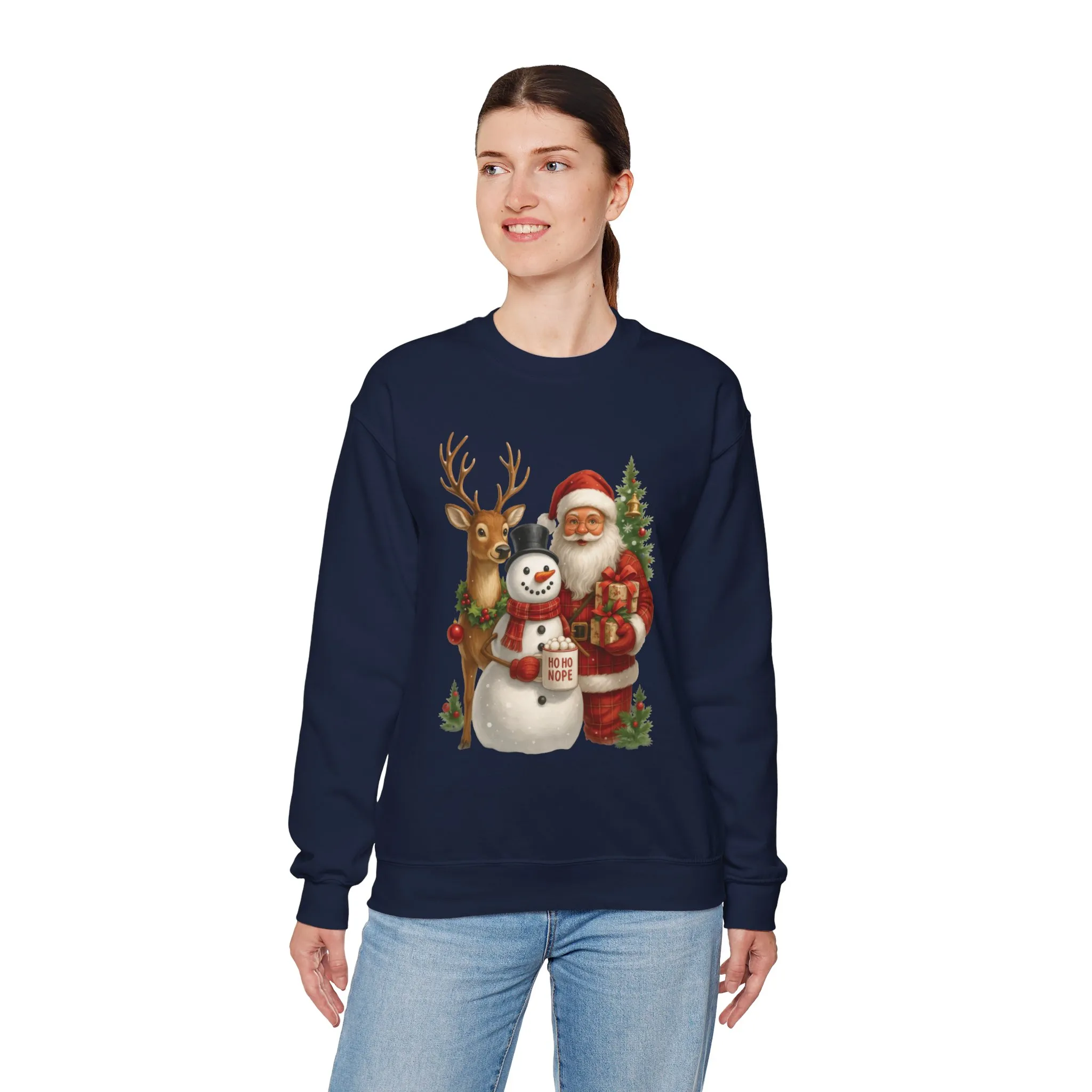 Santa, Snowman - Reindeer Christmas Sweatshirt, Funny Ho Ho Nope Holiday Sweater, Cute Vintage Christmas Jumper for Women - Image 18