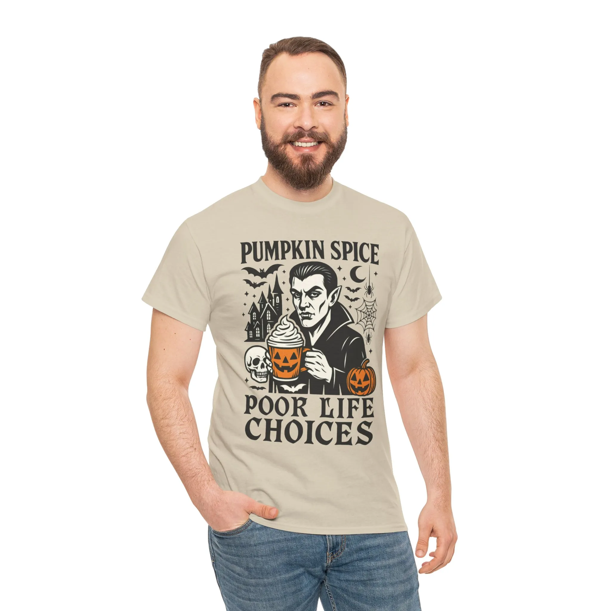 Pumpkin Spice Poor Life Choices Men's T-Shirt, Funny Vampire Coffee Halloween Graphic Tee - Image 5