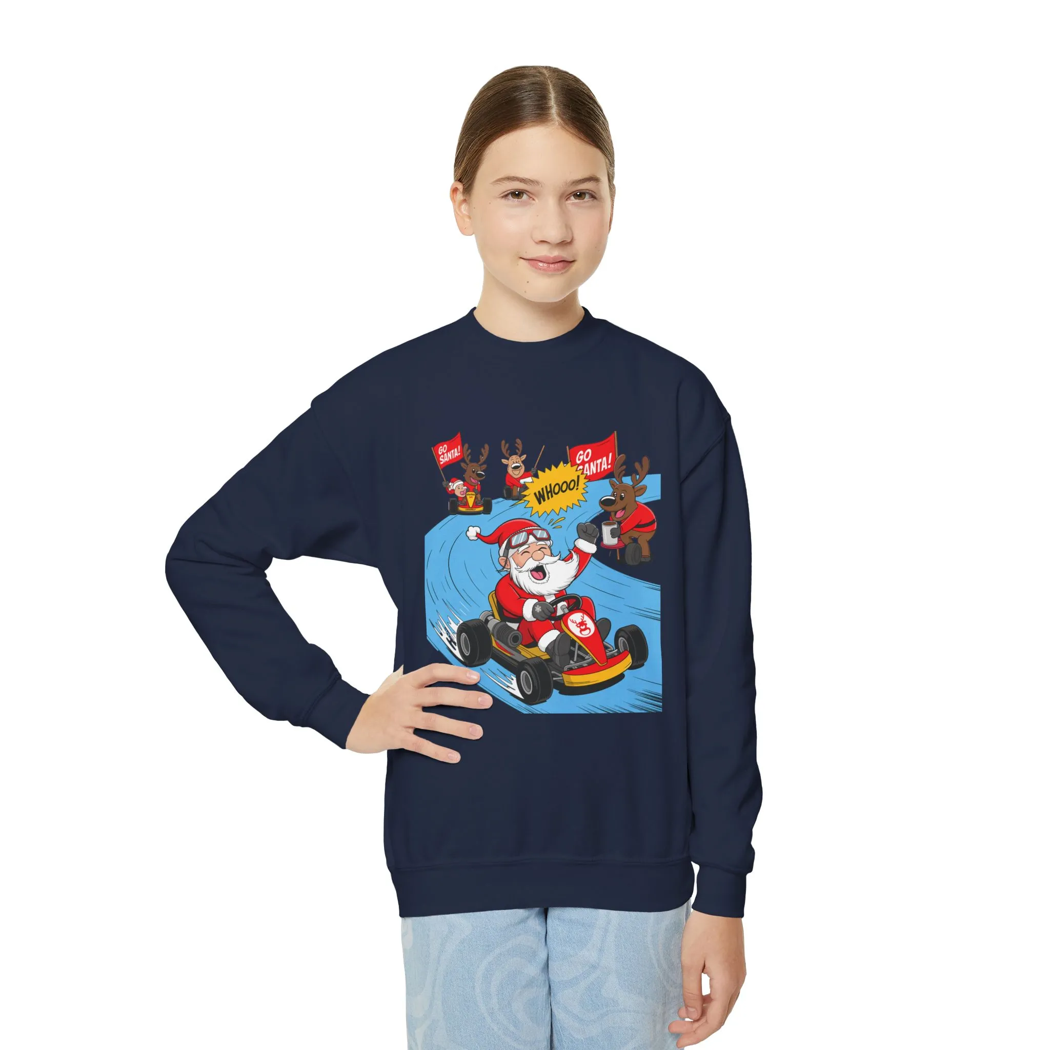Go Santa Kart Racing Christmas Sweatshirt, Funny Santa - Reindeer Holiday Sweatshirt for Kids, Cute Christmas Jumper, Youth Xmas Gift - Image 15