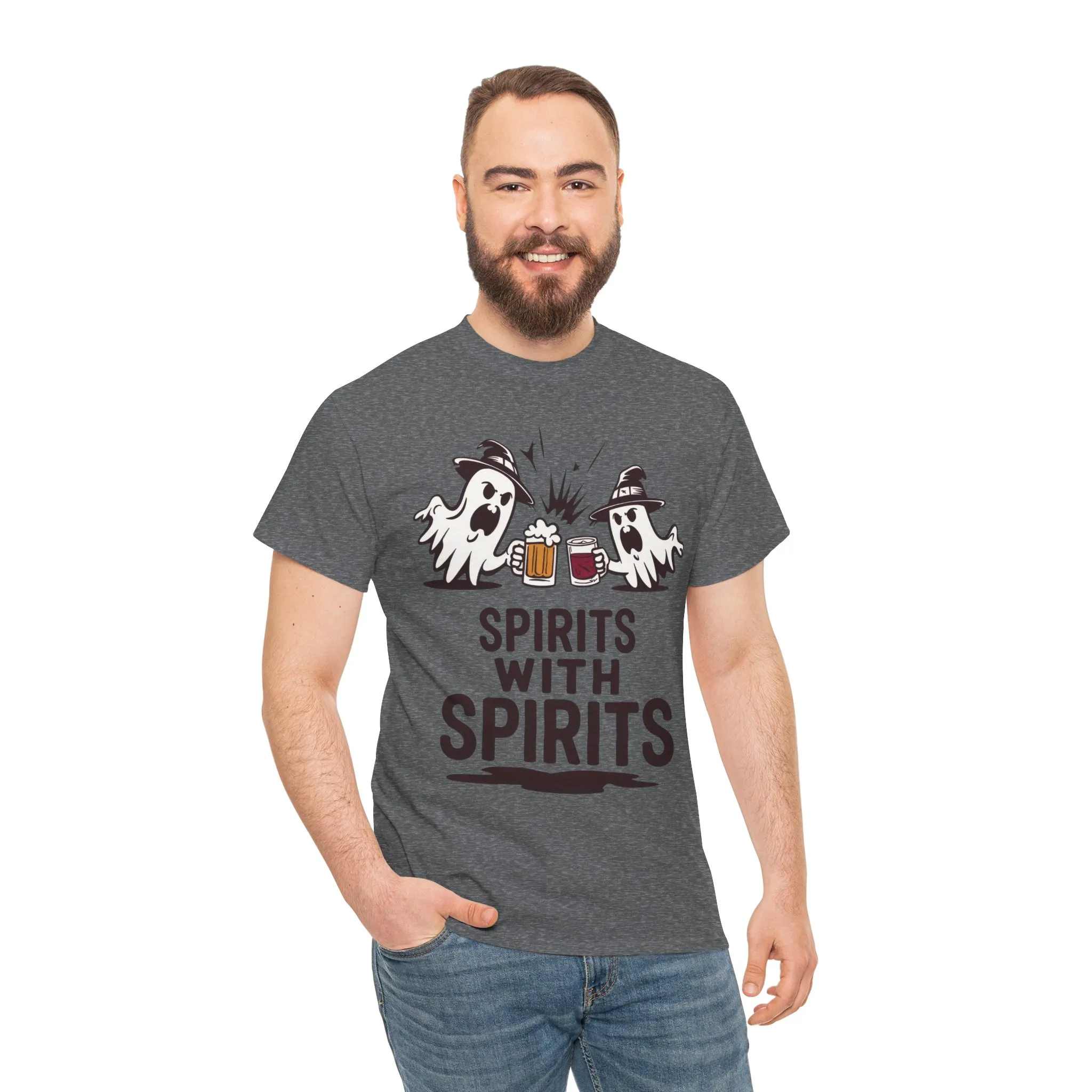 Spirits With Spirits Men's T-Shirt, Funny Ghost Drinking Halloween Party Graphic Tee - Image 14