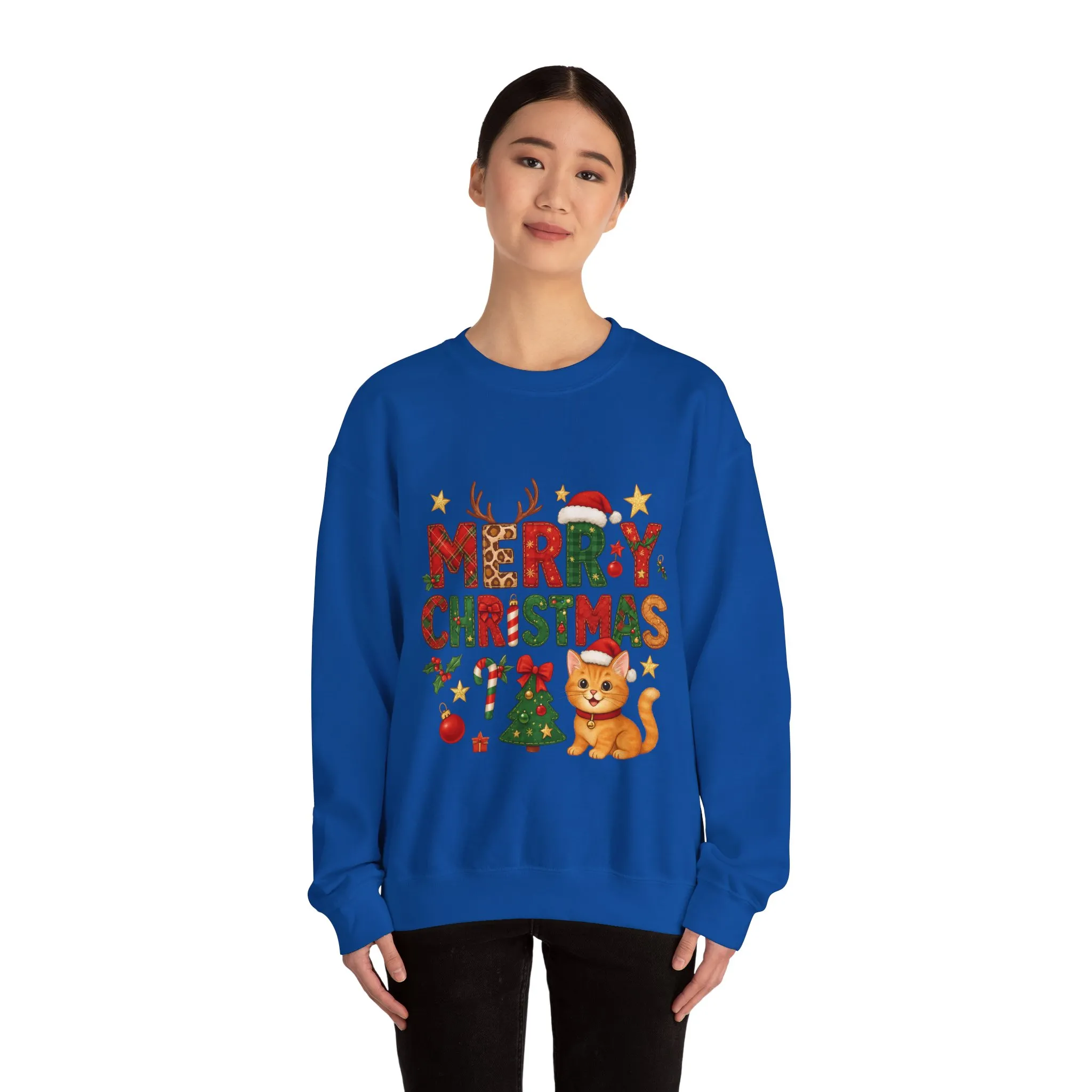 Women's Merry Christmas Cat Sweatshirt, Cozy Holiday Cat Lover Pullover, Women's Heavy Blend™ Crewneck Sweatshirt - Image 14