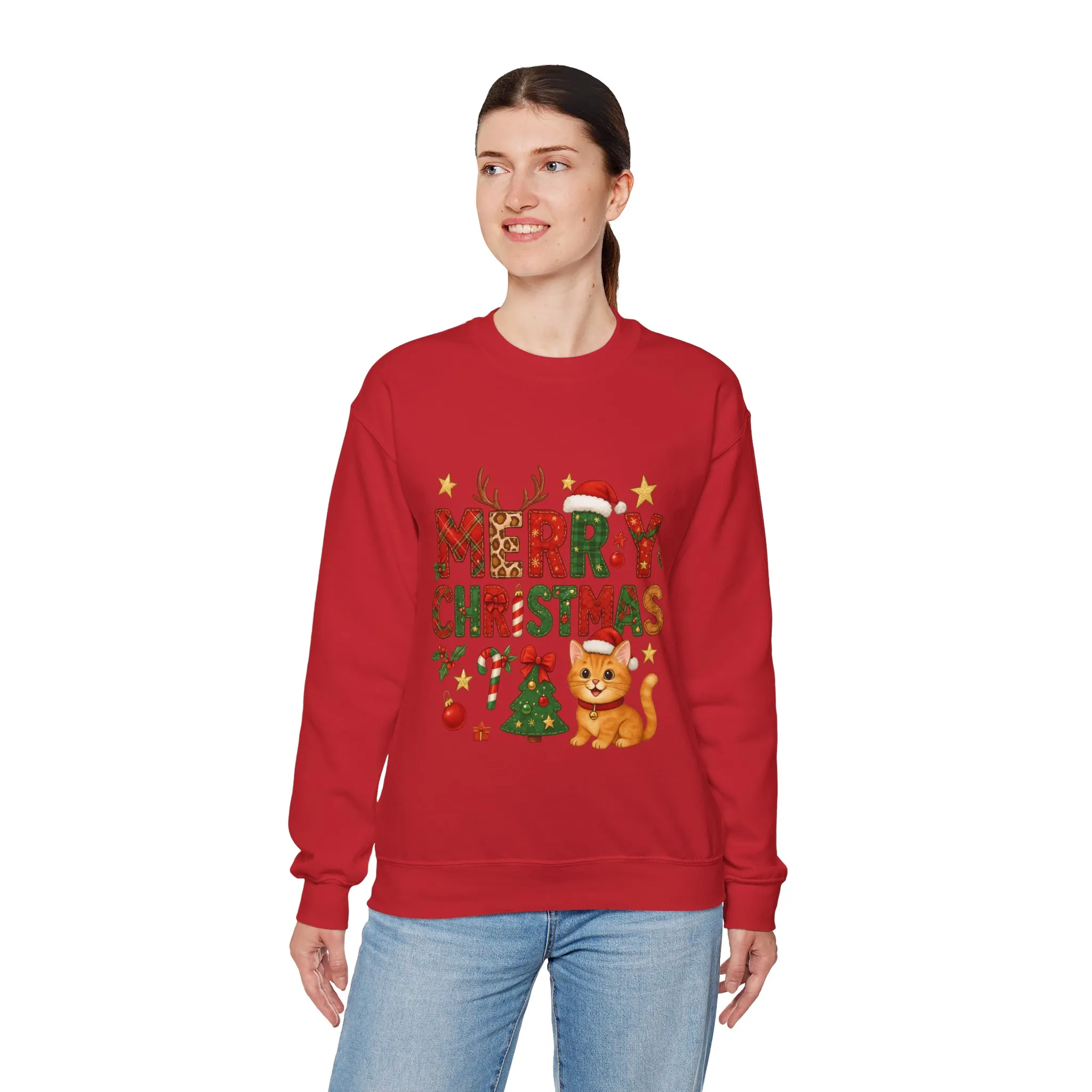 Women's Merry Christmas Cat Sweatshirt, Cozy Holiday Cat Lover Pullover, Women's Heavy Blend™ Crewneck Sweatshirt - Image 24