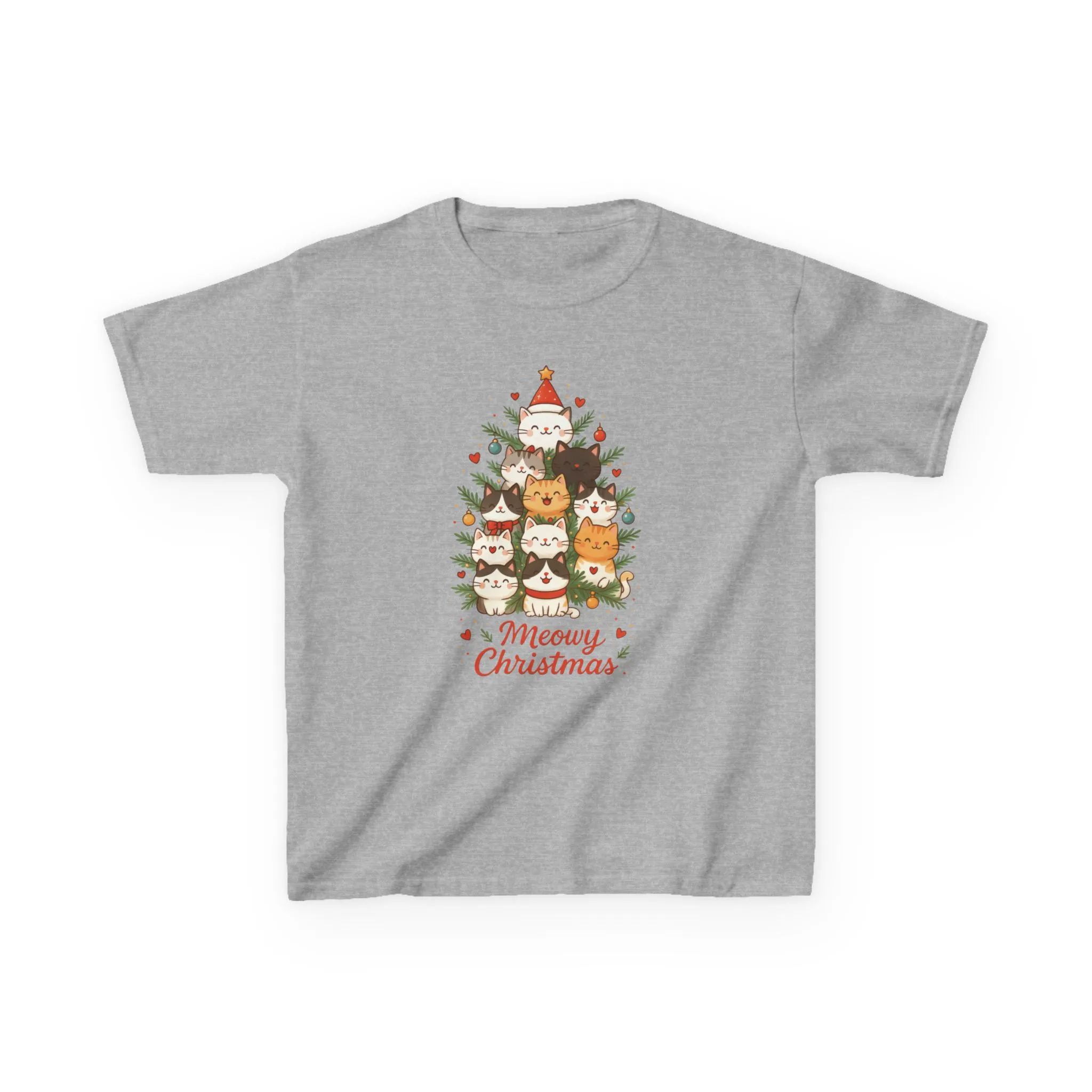 Youth Meowy Christmas Cat T-Shirt, Cute Kids Holiday Kitty Tee - Image 7