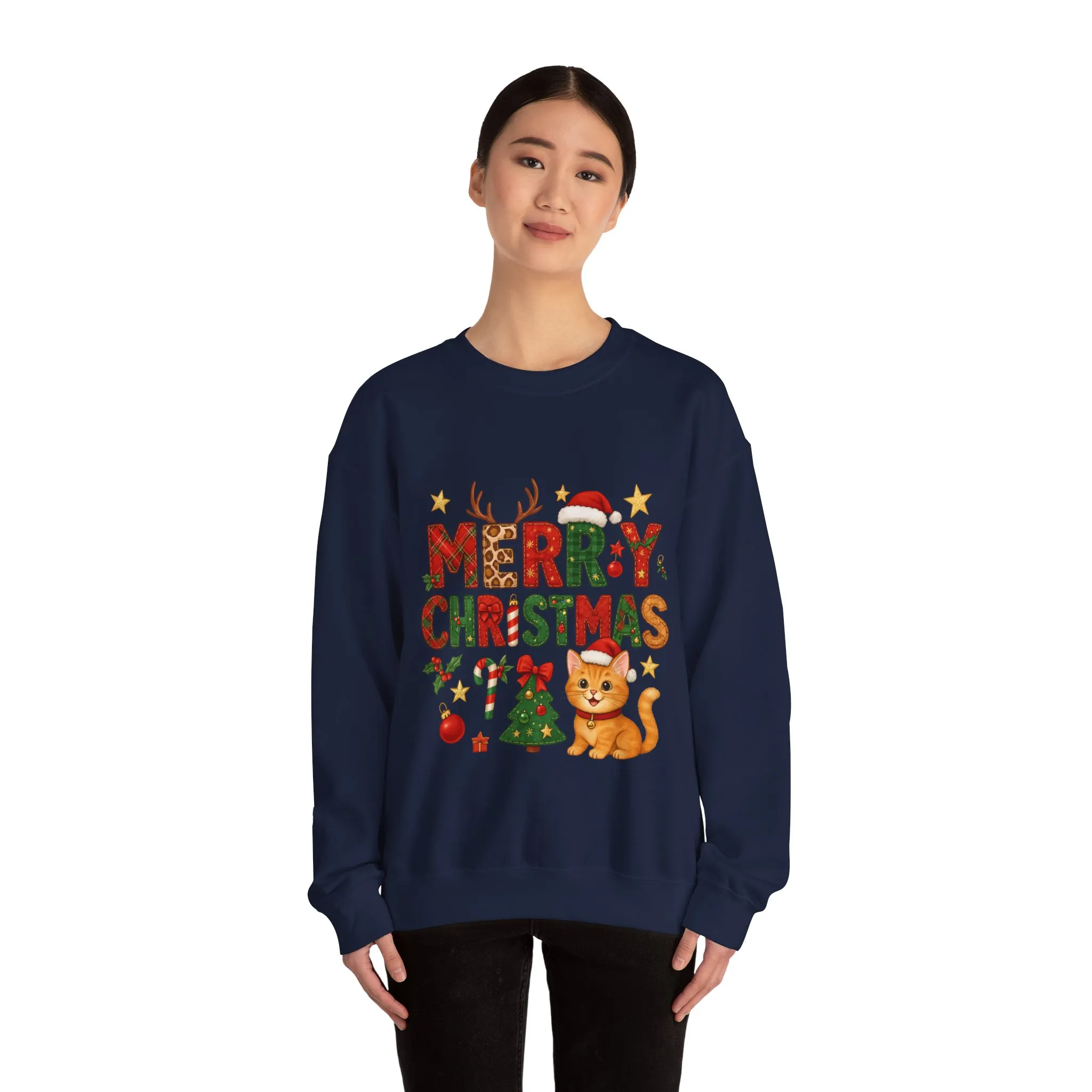 Women's Merry Christmas Cat Sweatshirt, Cozy Holiday Cat Lover Pullover, Women's Heavy Blend™ Crewneck Sweatshirt - Image 17