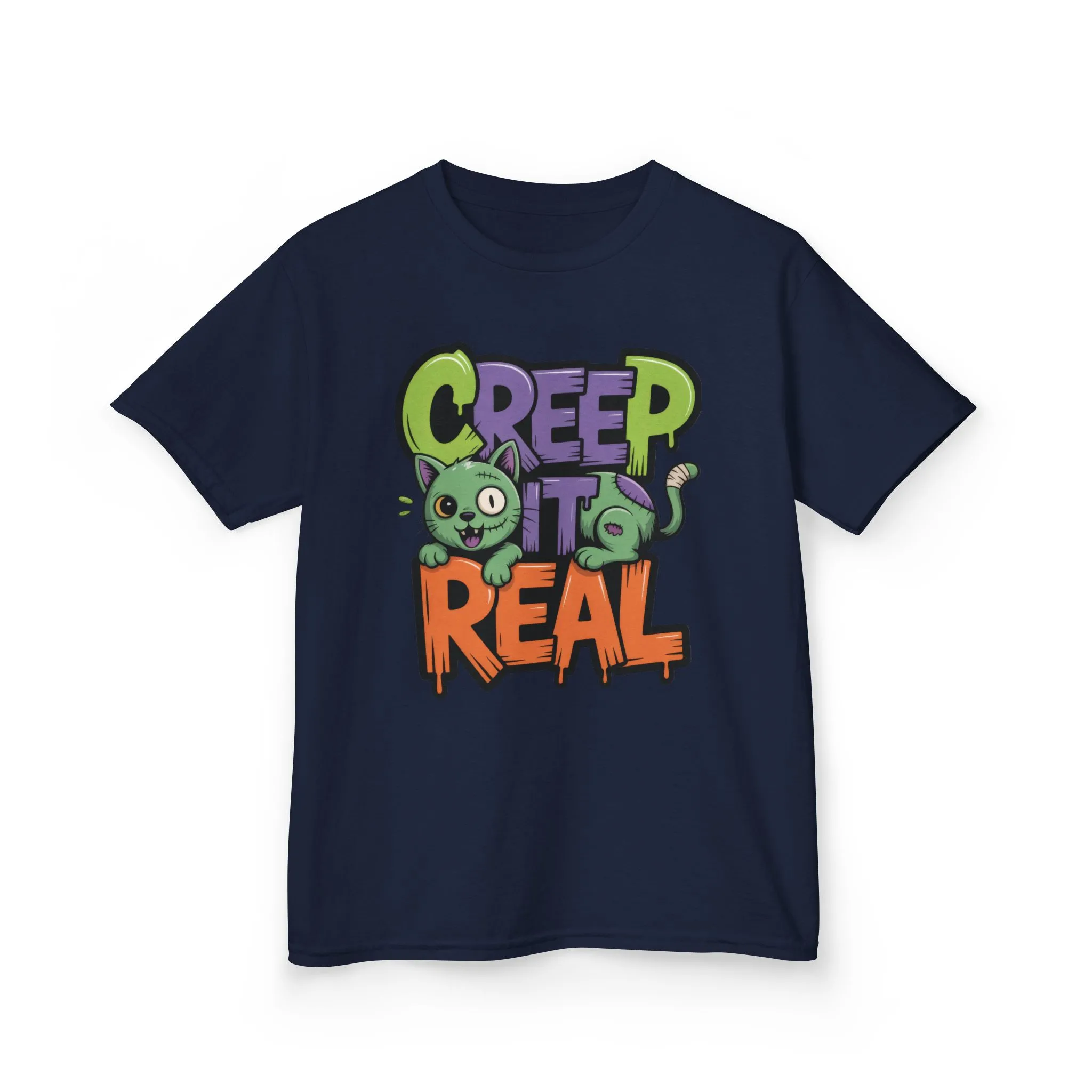 Creep It Real Kids Halloween Shirt, Cute Zombie Cat Graffiti Style T-Shirt for Boys & Girls - Image 16