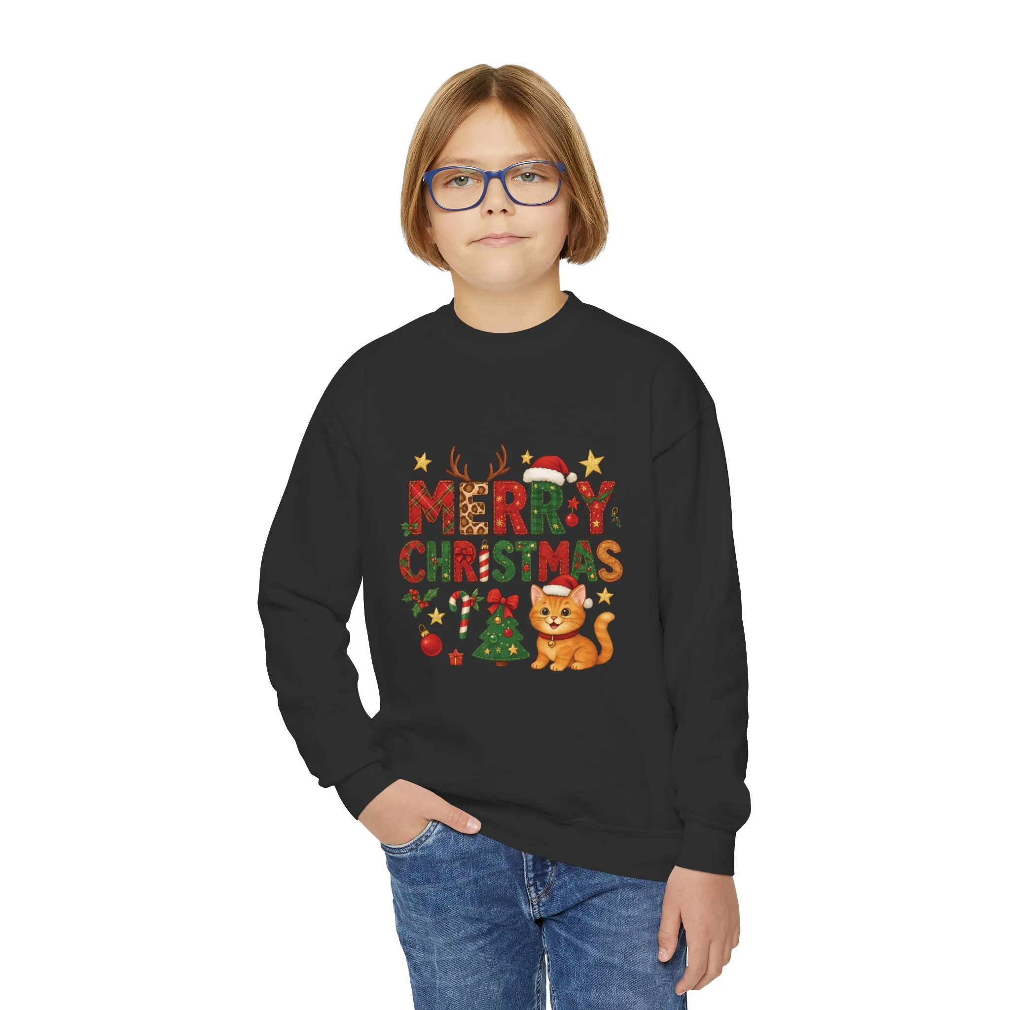 Merry Christmas Cat Sweatshirt for Girls, Cozy Holiday Kitten Jumper, Youth Crewneck Sweatshirt - Image 6