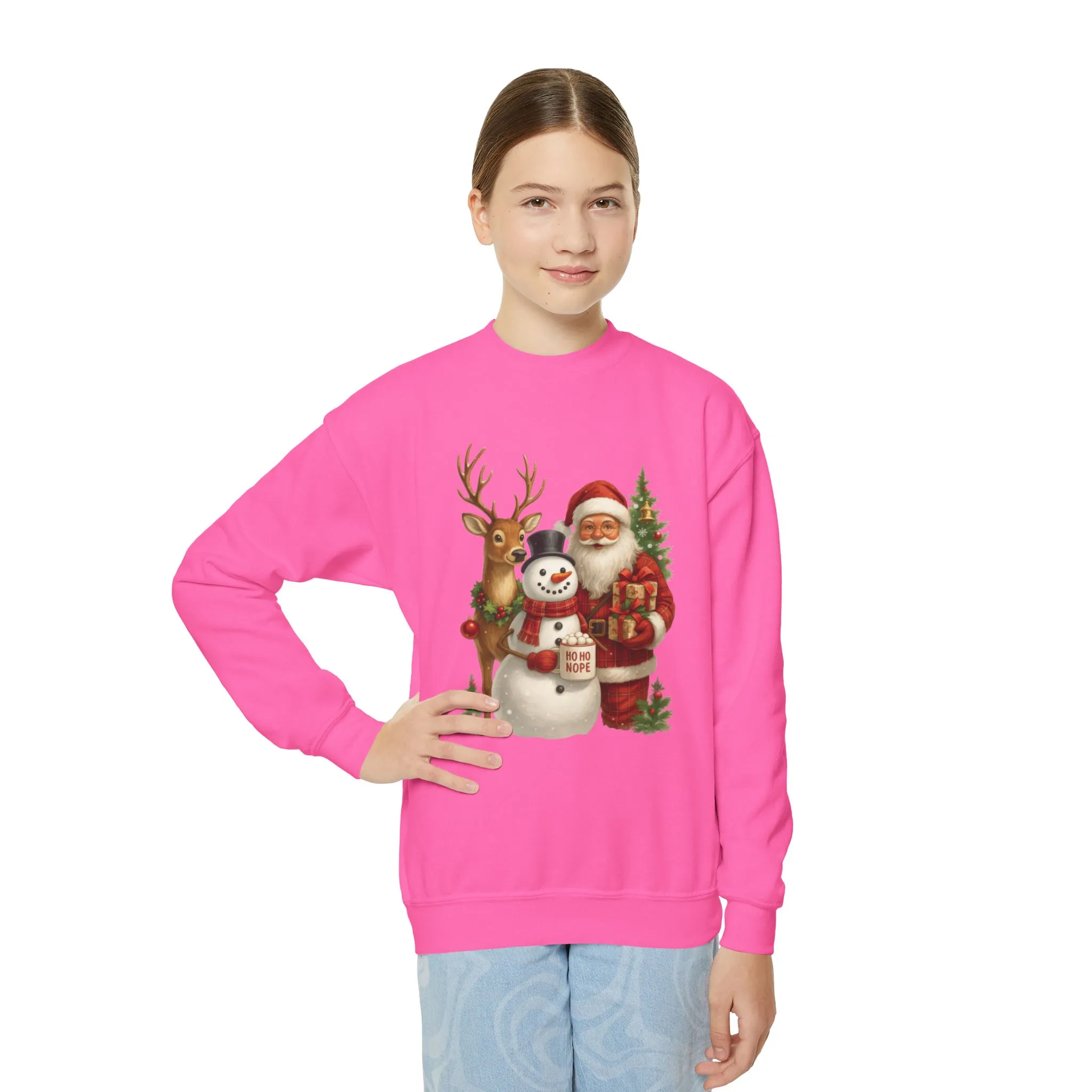 Kids Santa, Snowman - Reindeer Christmas Sweatshirt, Cute Ho Ho Nope Holiday Jumper, Funny Santa Sweater for Girls - Image 21