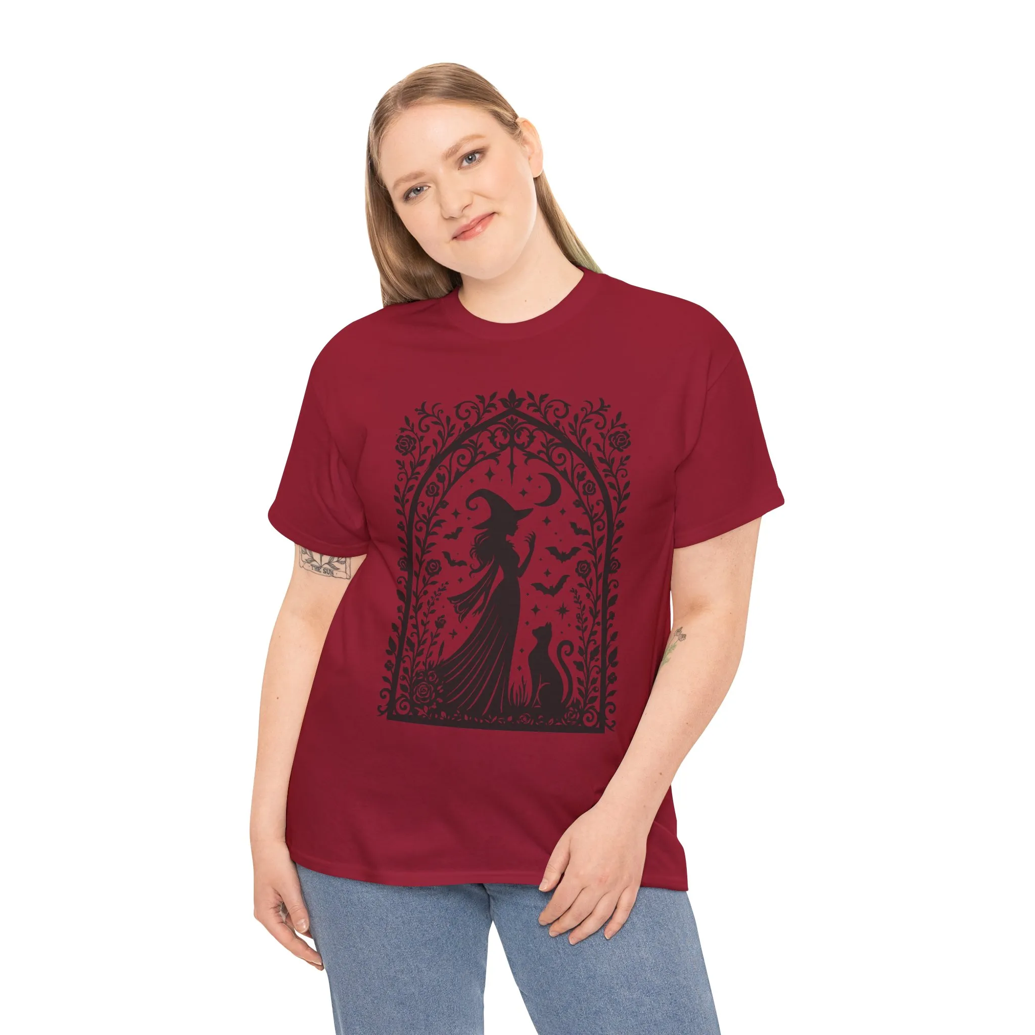Gothic Witch & Cat Women's T-Shirt, Elegant Halloween Moon Silhouette Witchy Graphic Tee - Image 27