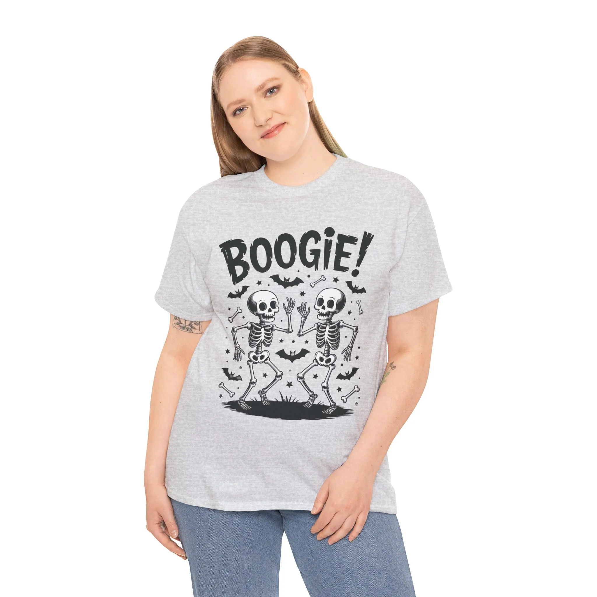 Halloween Dancing Skeletons Women's T-Shirt, BOOGIE! Funny Spooky Graphic Tee for Women, Women's Heavy Cotton Tee - Image 6
