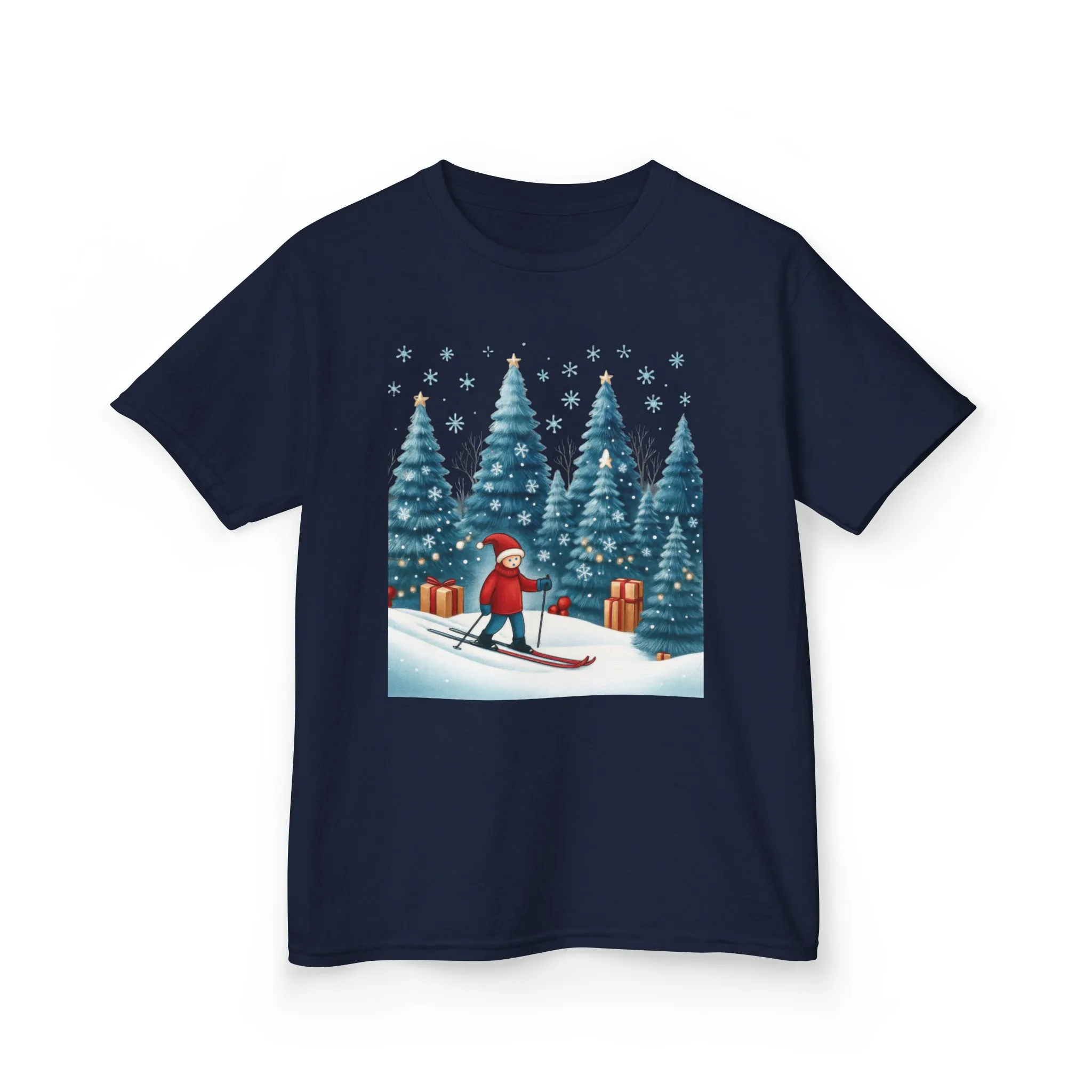 Kids Christmas Skiing T-Shirt, Cute Winter Holiday Graphic Tee, Kids Heavy Cotton™ Tee - Image 2
