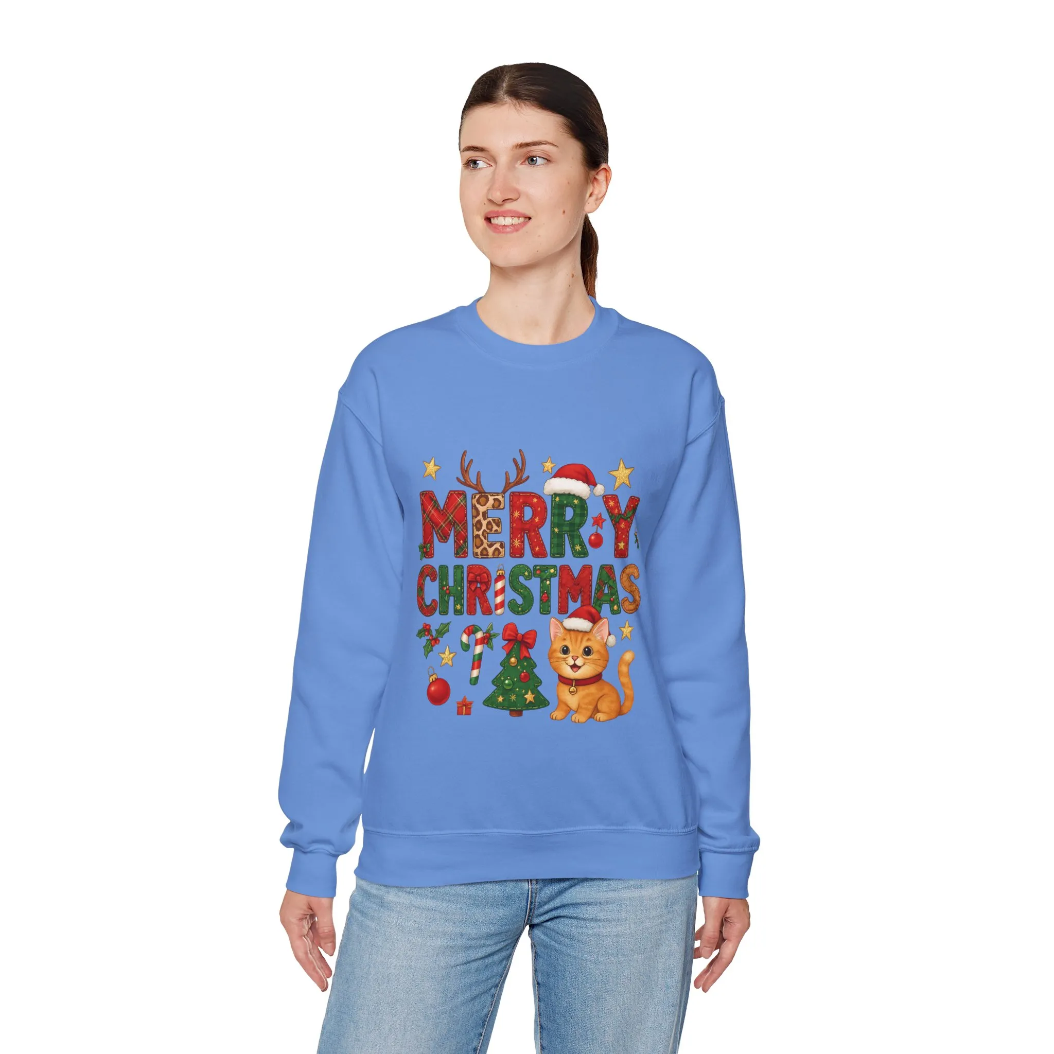 Women's Merry Christmas Cat Sweatshirt, Cozy Holiday Cat Lover Pullover, Women's Heavy Blend™ Crewneck Sweatshirt - Image 9