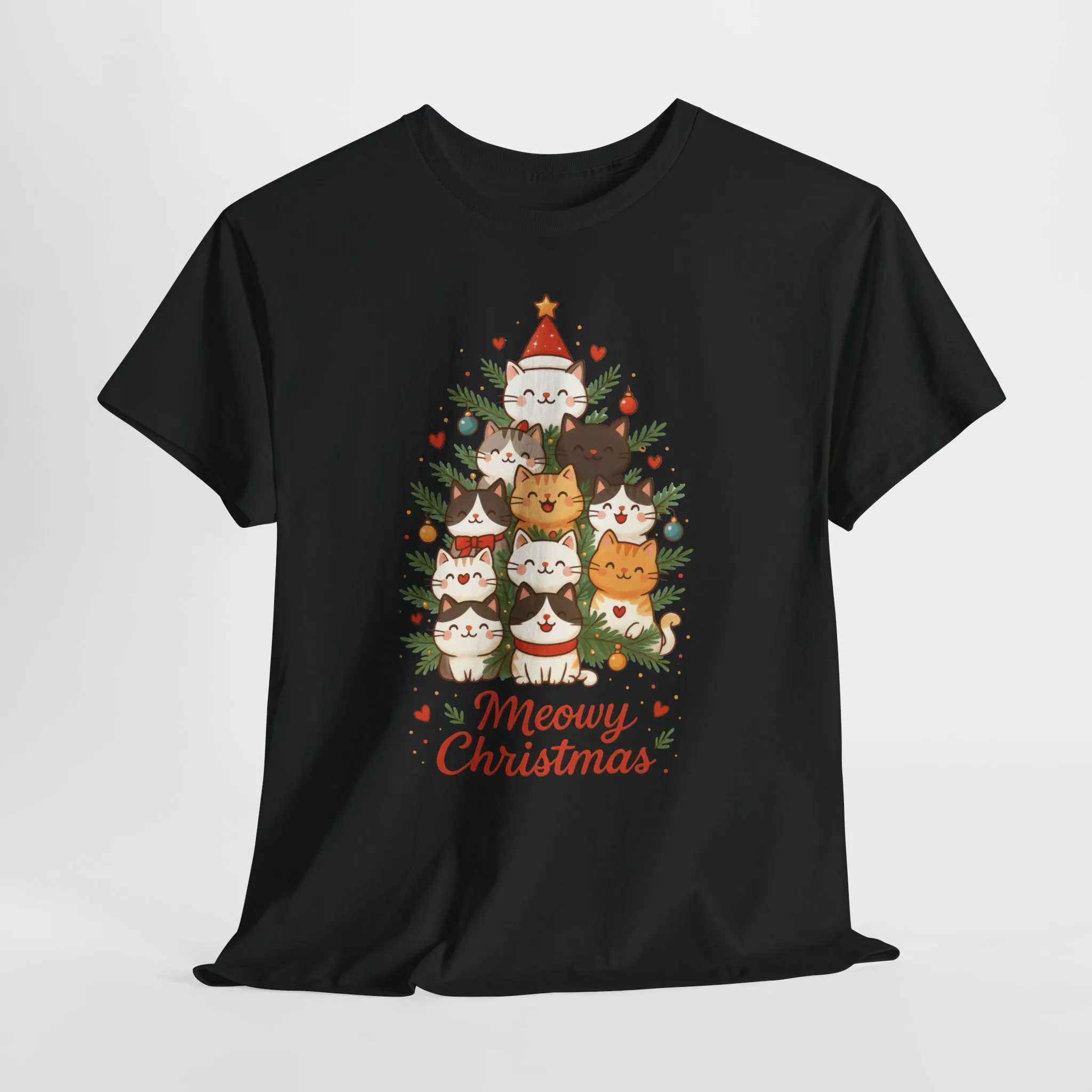 Women's Meowy Christmas Cat T-Shirt, Cute Holiday Kitty Tree Tee - Image 7
