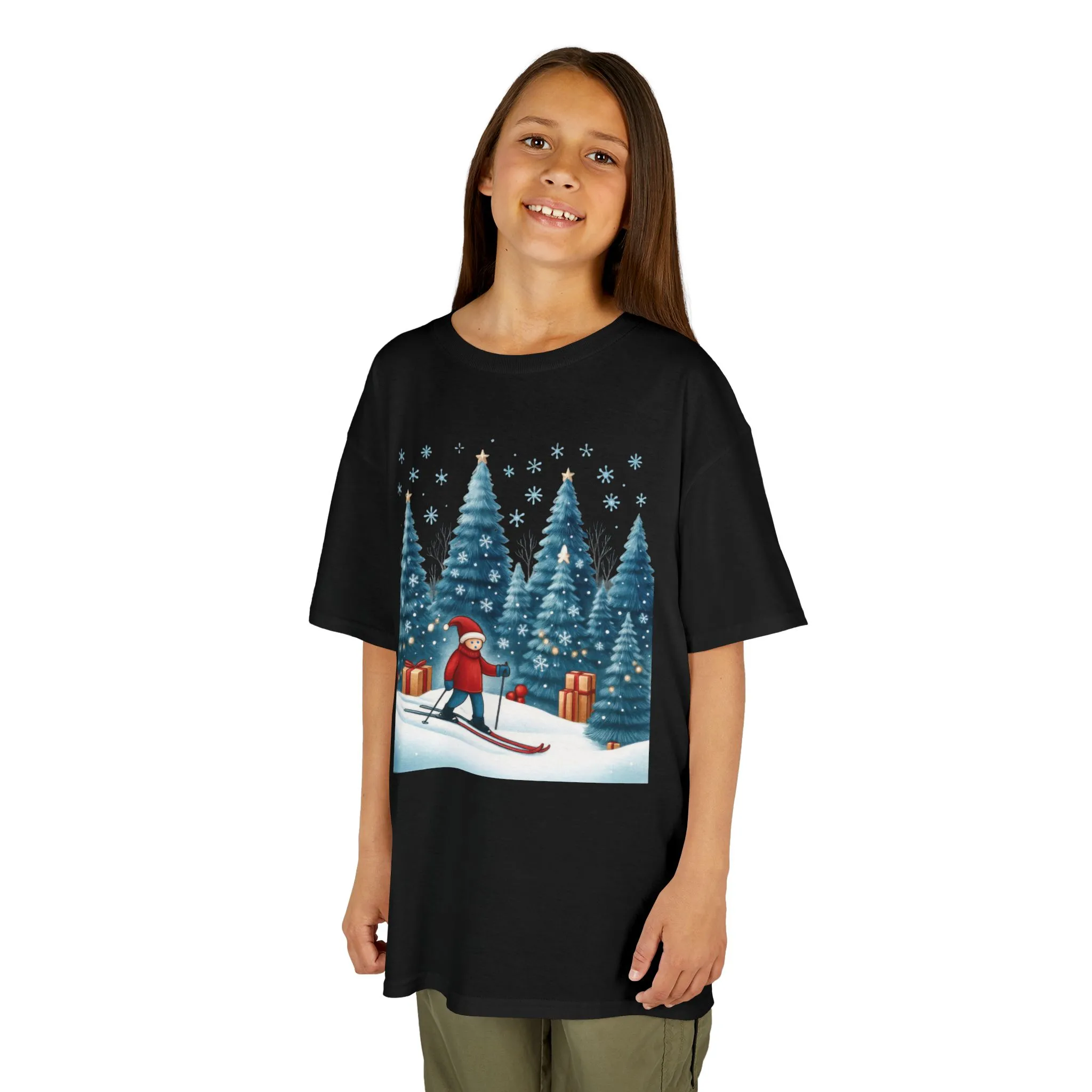Kids Christmas Skiing T-Shirt, Cute Winter Holiday Graphic Tee, Kids Heavy Cotton™ Tee - Image 6