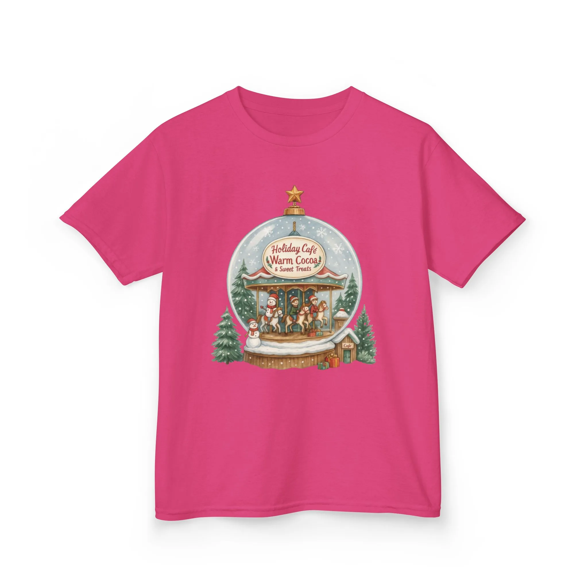Youth Holiday Café Christmas T-Shirt, Warm Cocoa Carousel Kids Tee - Image 15