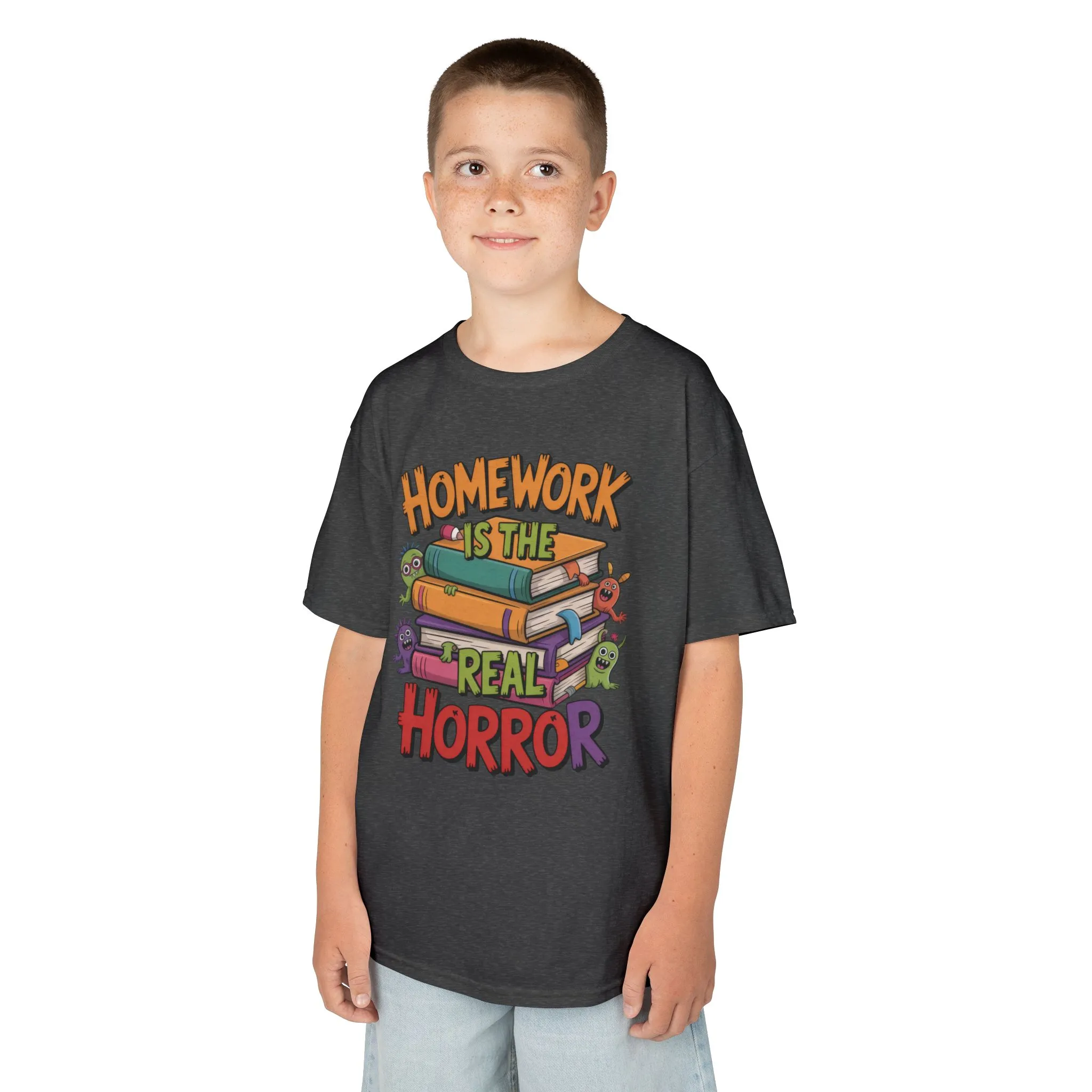 Kids Funny Homework Tee, Cute Monster School Shirt, Homework Is the Real Horror, Back to School Gift for Boys & Girls, Kids Halloween Tee - Image 3
