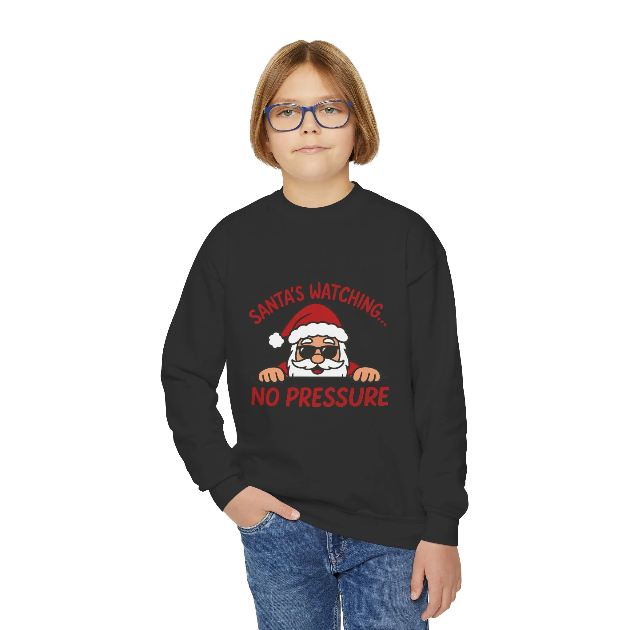 Santa's Watching No Pressure Kids Christmas Sweatshirt, Funny Holiday Jumper for Youth - Image 8