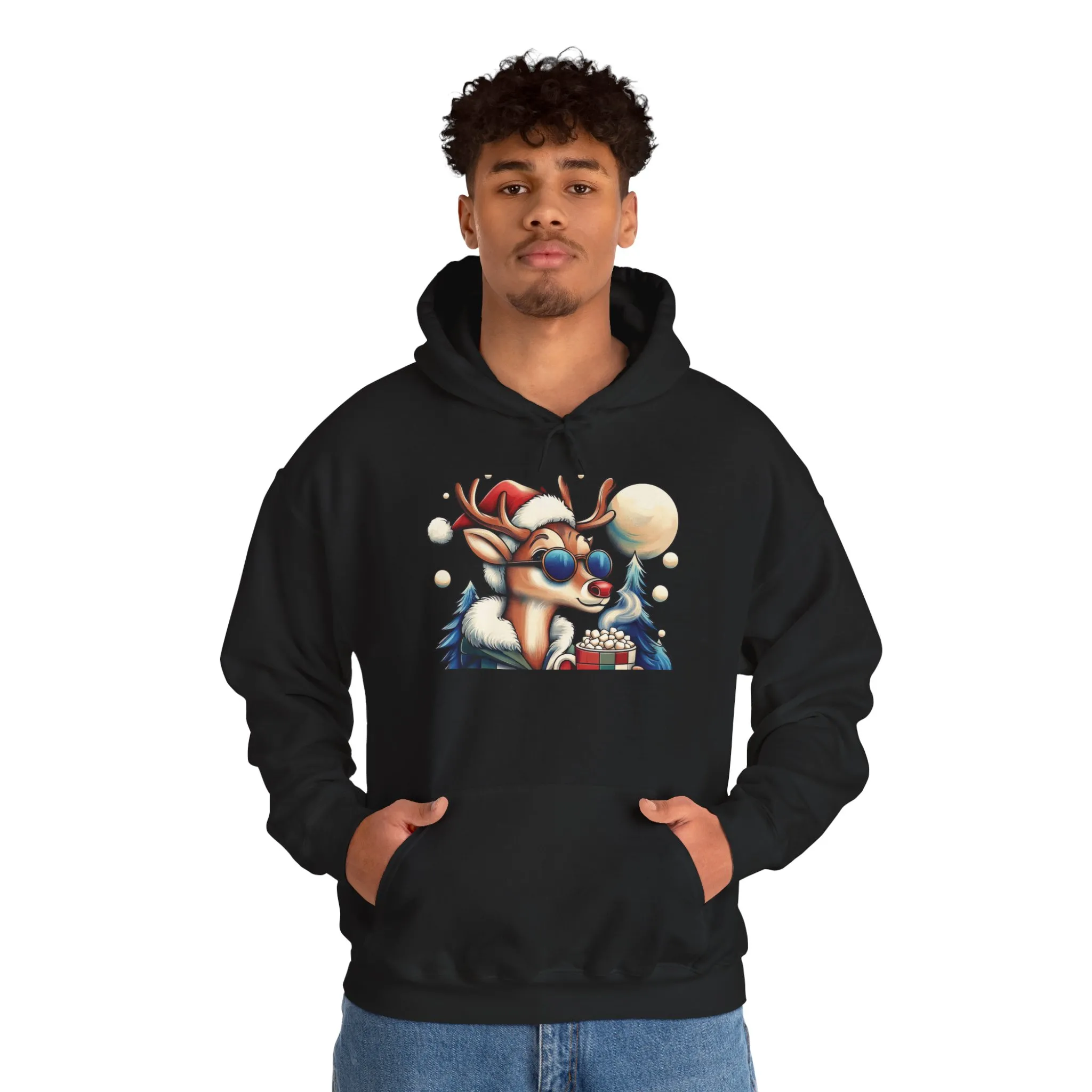 Cool Reindeer Christmas Hoodie, Funny Holiday Hot Cocoa Pullover for Men - Image 11