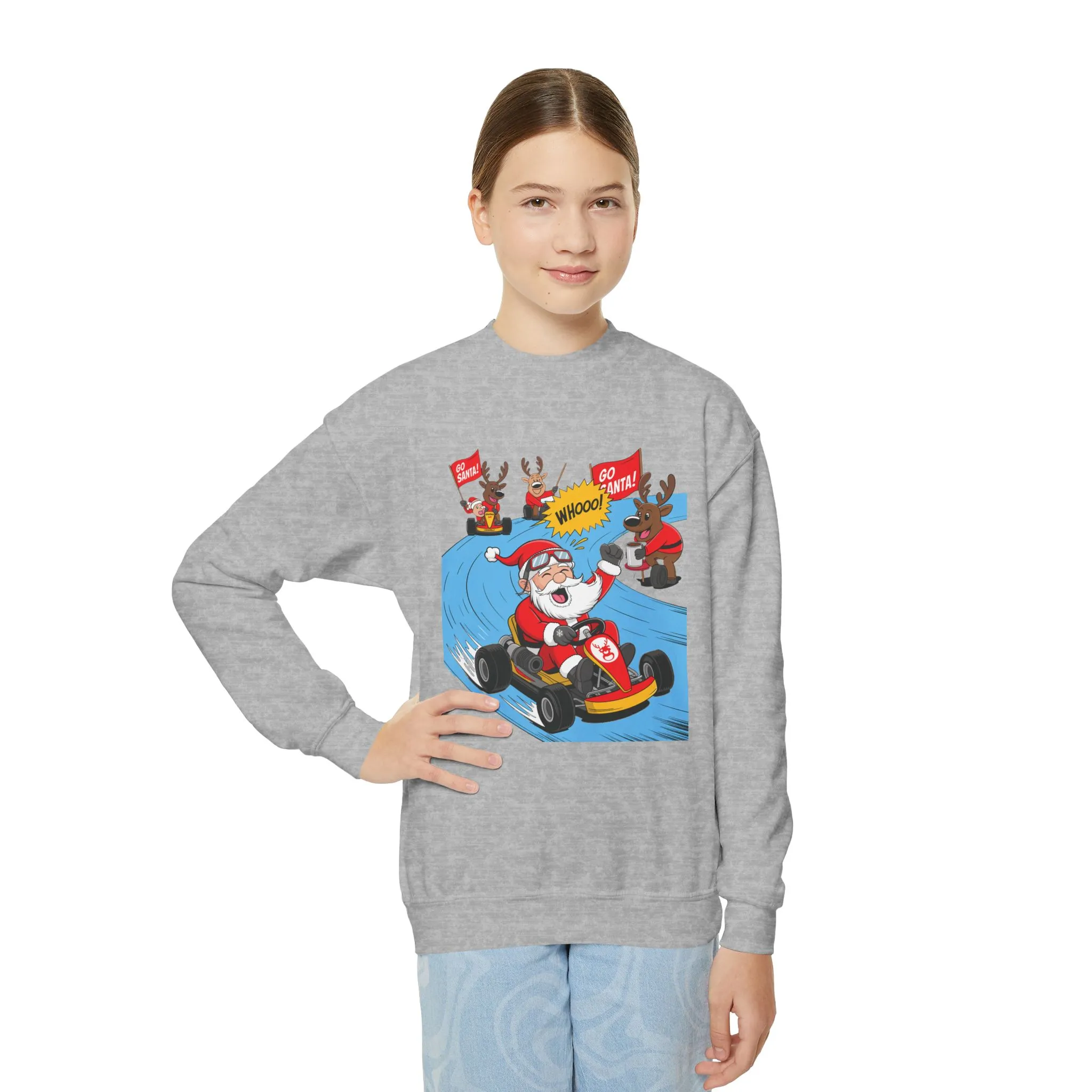 Go Santa Kart Racing Christmas Sweatshirt, Funny Santa - Reindeer Holiday Sweatshirt for Kids, Cute Christmas Jumper, Youth Xmas Gift - Image 3