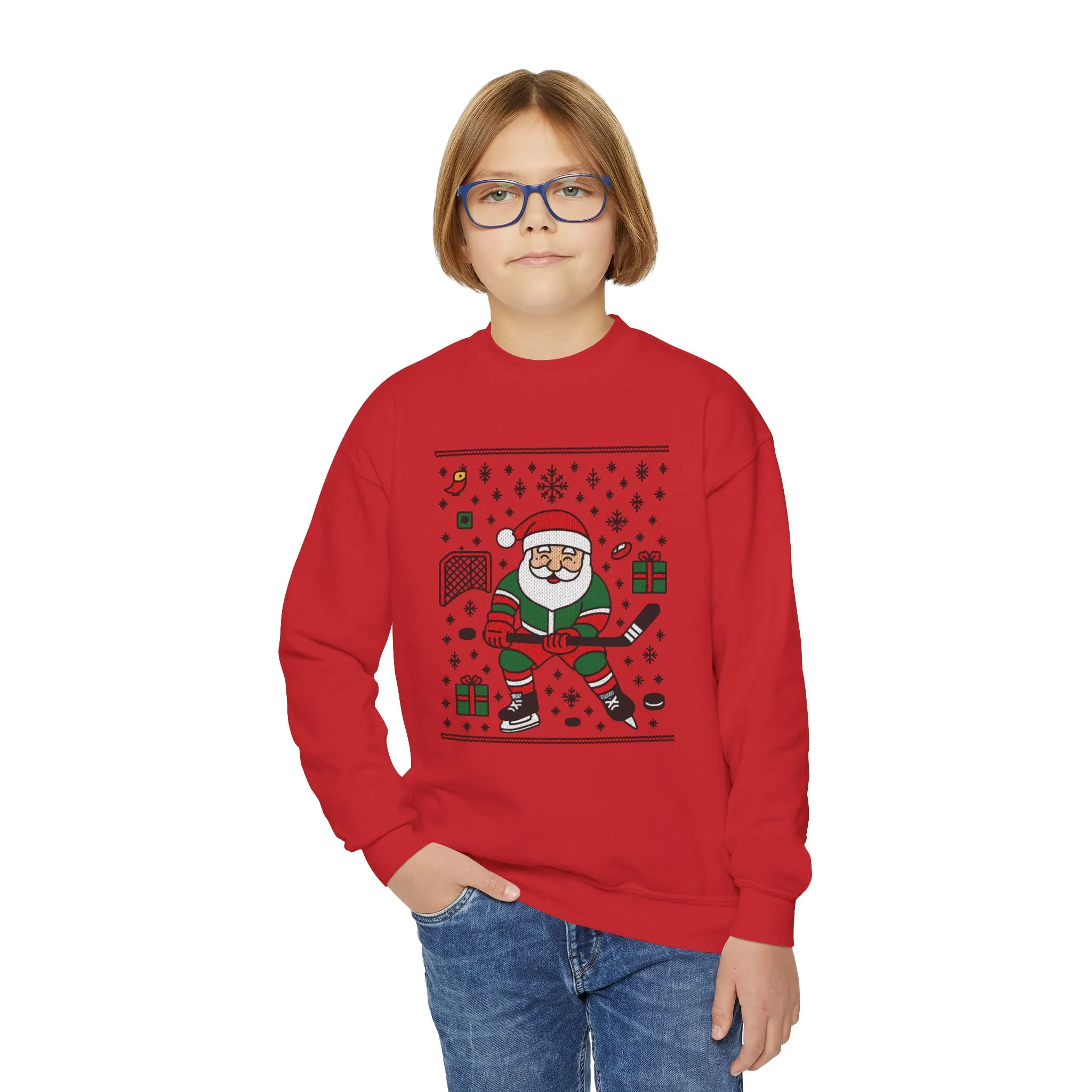 Hockey Santa Youth Christmas Sweatshirt, Funny Sports Holiday Jumper for Boys - Image 12