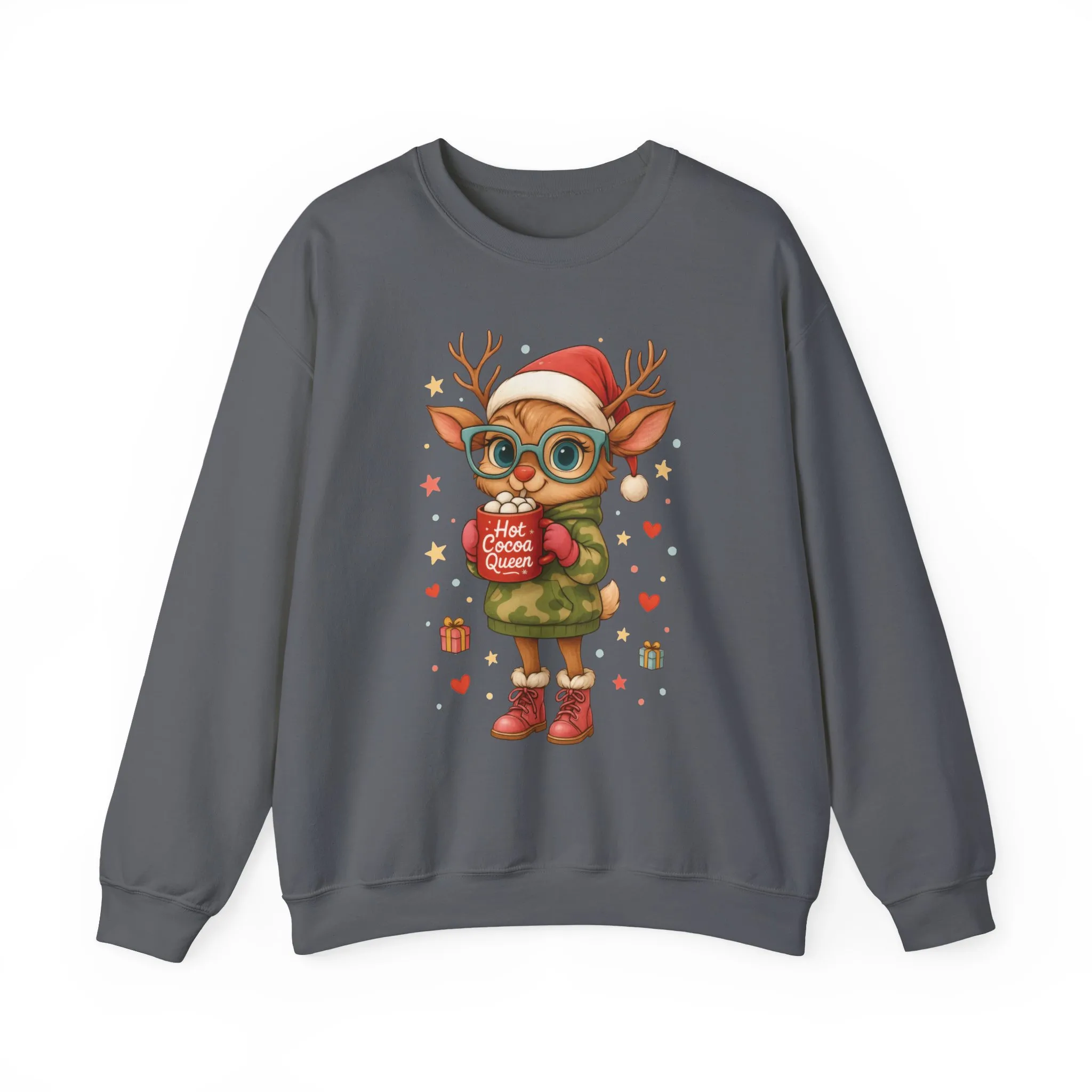 Hot Cocoa Queen Christmas Women's Sweatshirt, Cute Cozy Holiday Reindeer Pullover - Image 13
