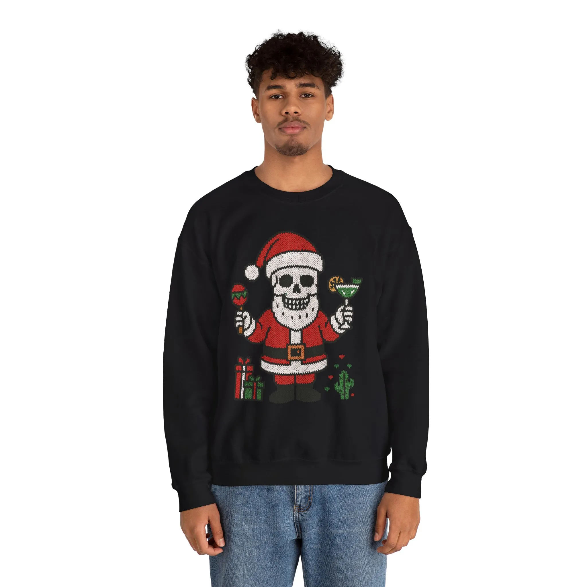 Funny Santa Skull Christmas Men's Sweatshirt, Holiday Margarita Pullover - Image 5