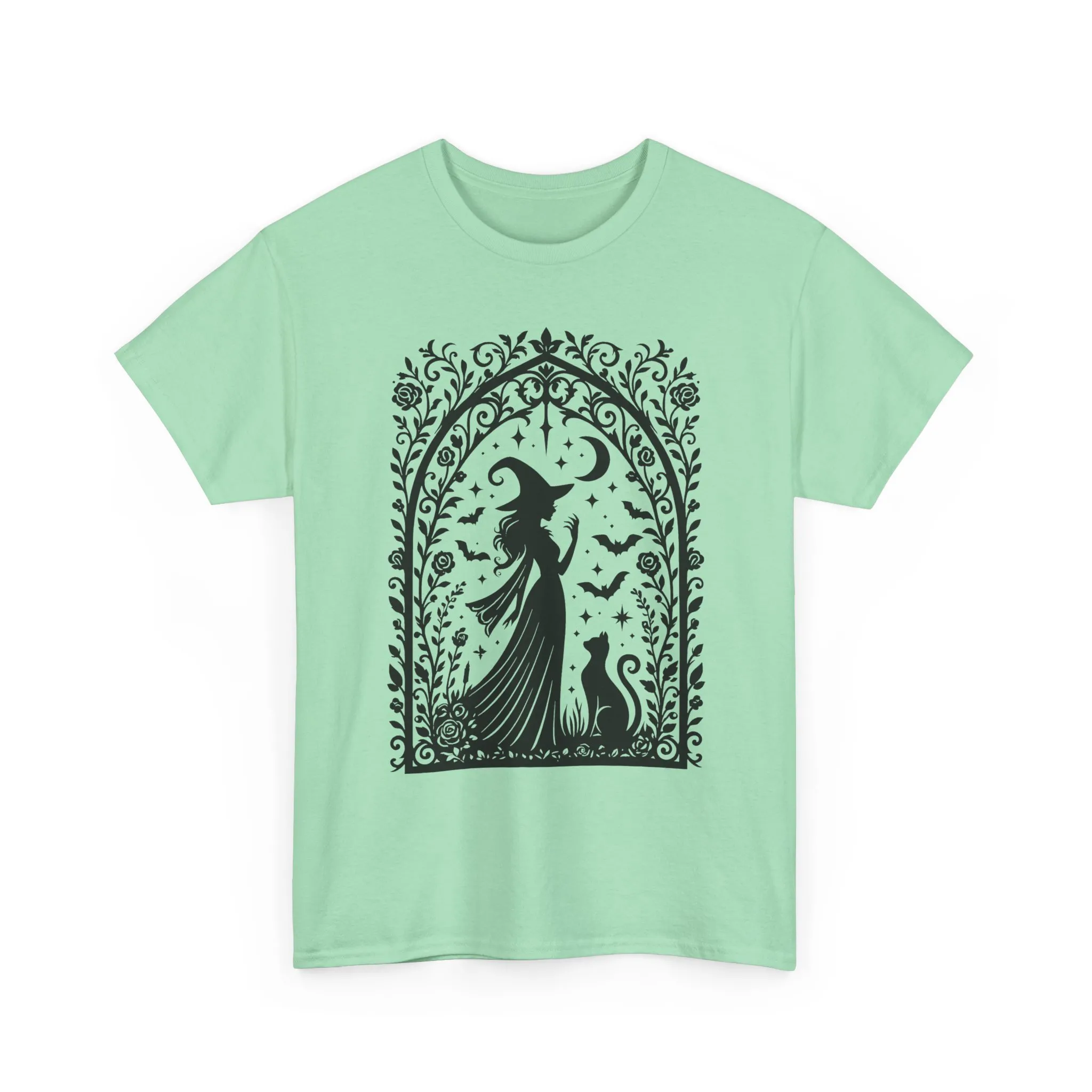 Gothic Witch & Cat Women's T-Shirt, Elegant Halloween Moon Silhouette Witchy Graphic Tee - Image 31