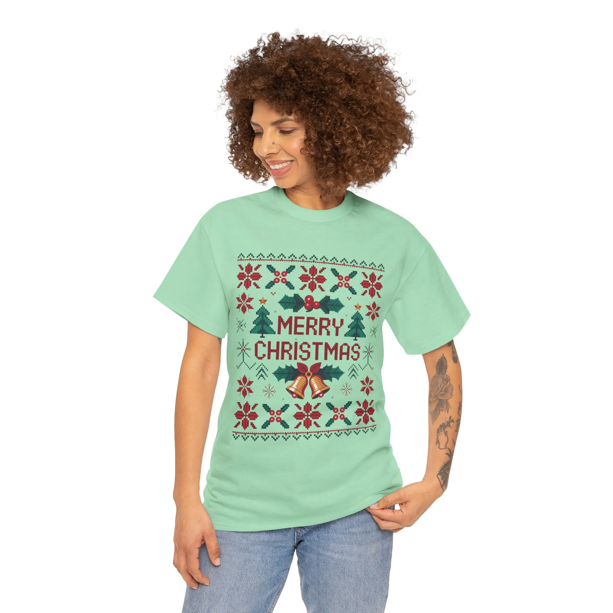 Merry Christmas Women's T-Shirt, Festive Holiday Tee, Classic Red - Green Christmas Outfit