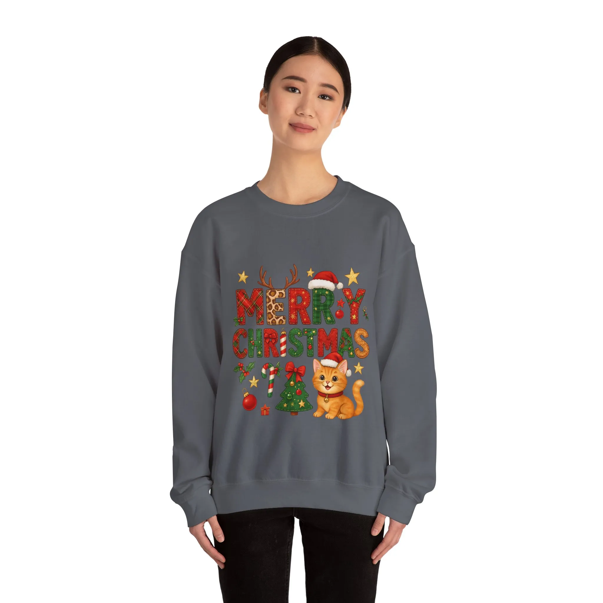 Women's Merry Christmas Cat Sweatshirt, Cozy Holiday Cat Lover Pullover, Women's Heavy Blend™ Crewneck Sweatshirt - Image 11