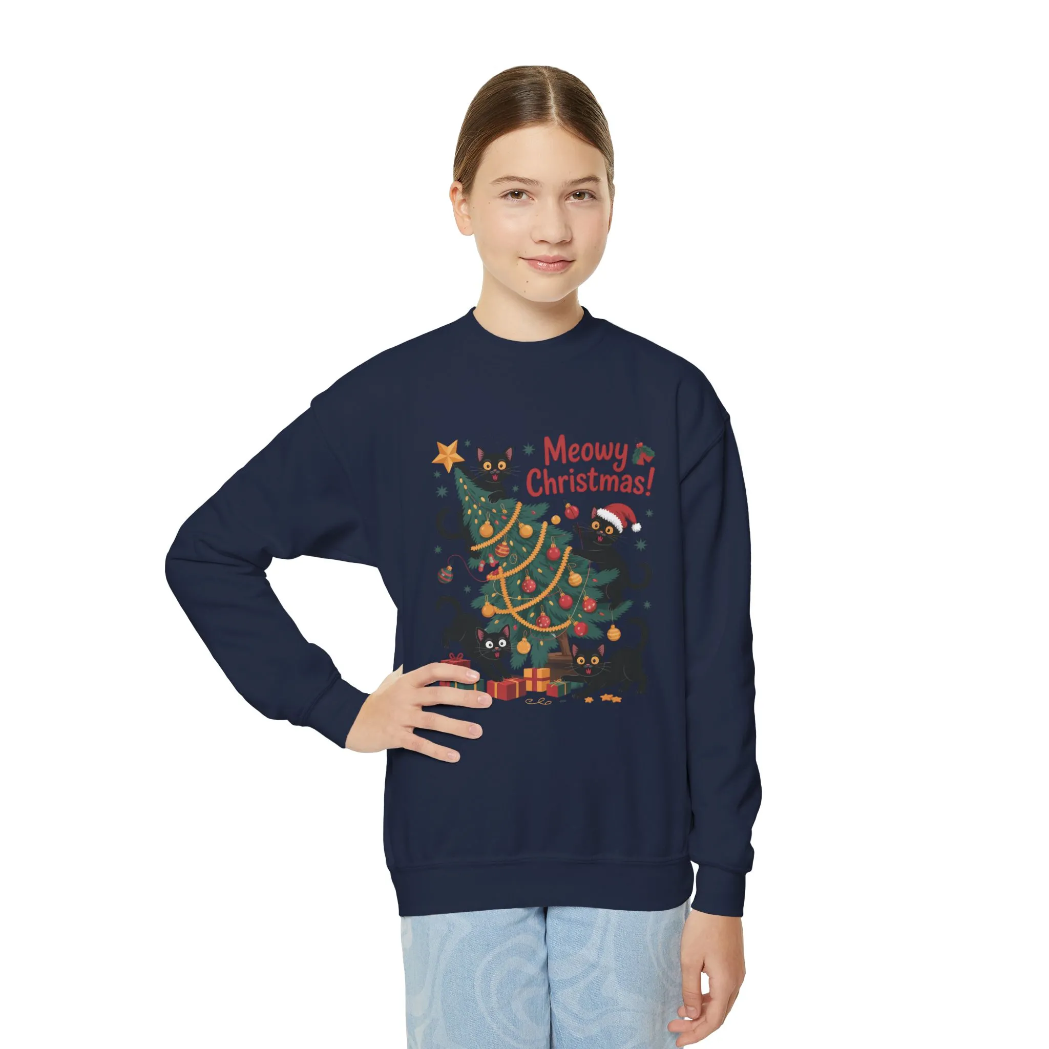 Kids Black Cats Christmas Tree Sweatshirt, Cute Funny Cat Holiday Jumper, Christmas Cat Chaos Pullover