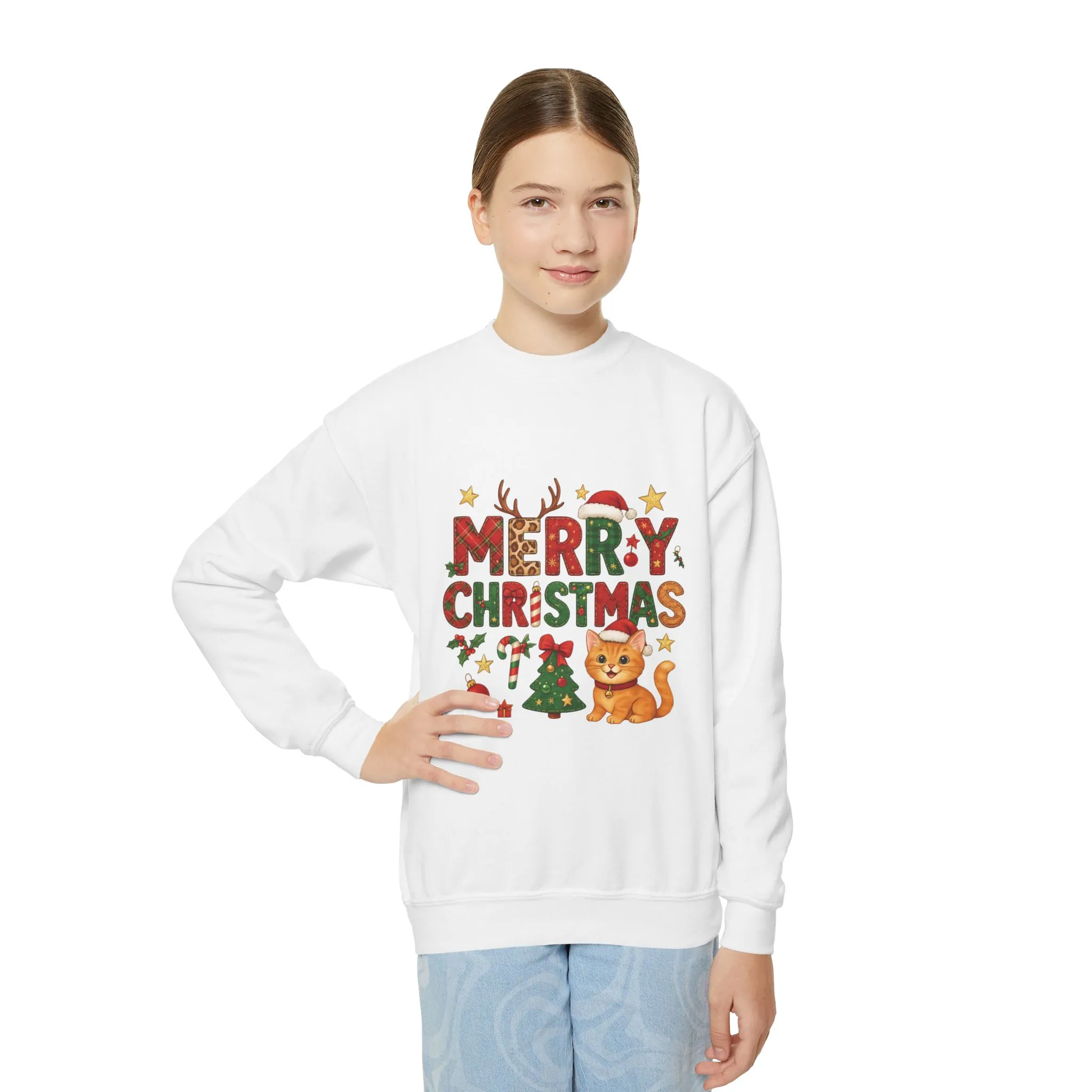 Merry Christmas Cat Sweatshirt for Girls, Cozy Holiday Kitten Jumper, Youth Crewneck Sweatshirt