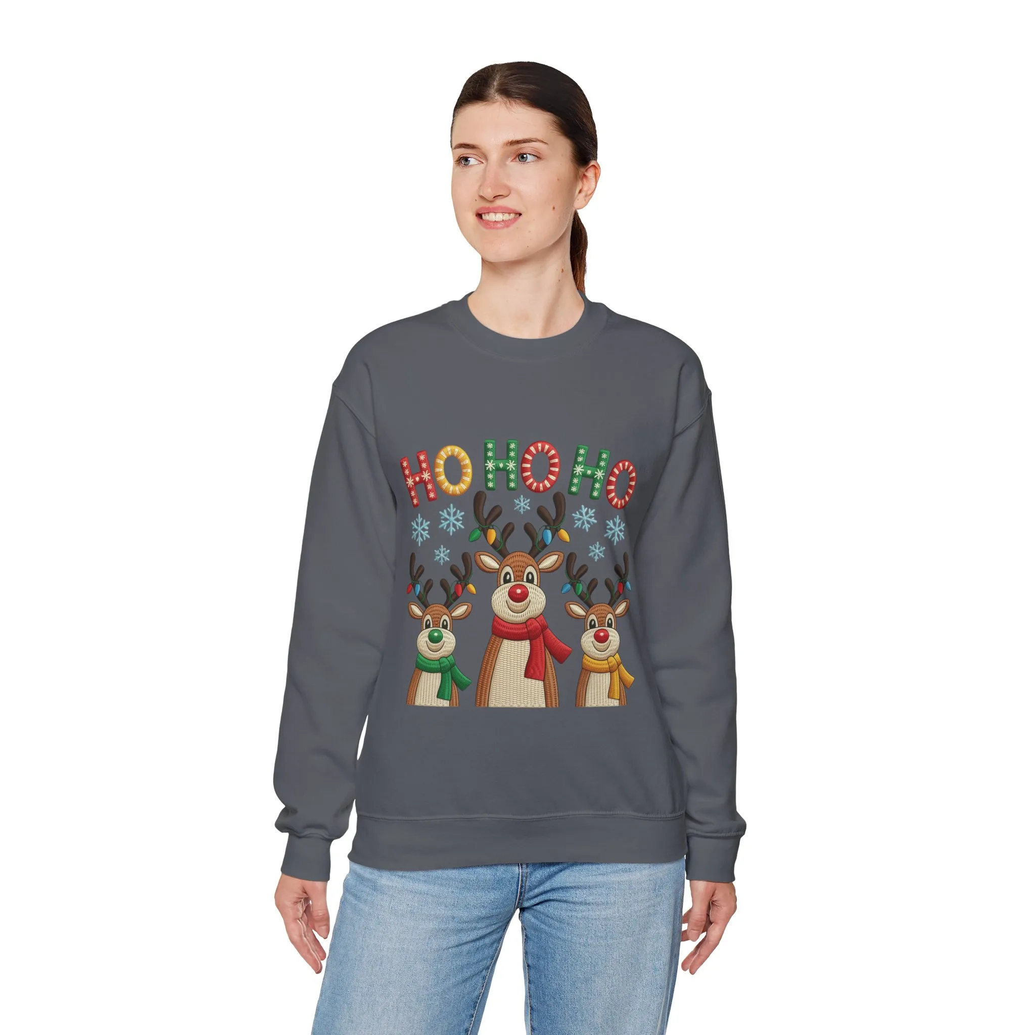 Ho Ho Ho Reindeer Christmas Sweatshirt, Cute Holiday Pullover for Women - Image 3