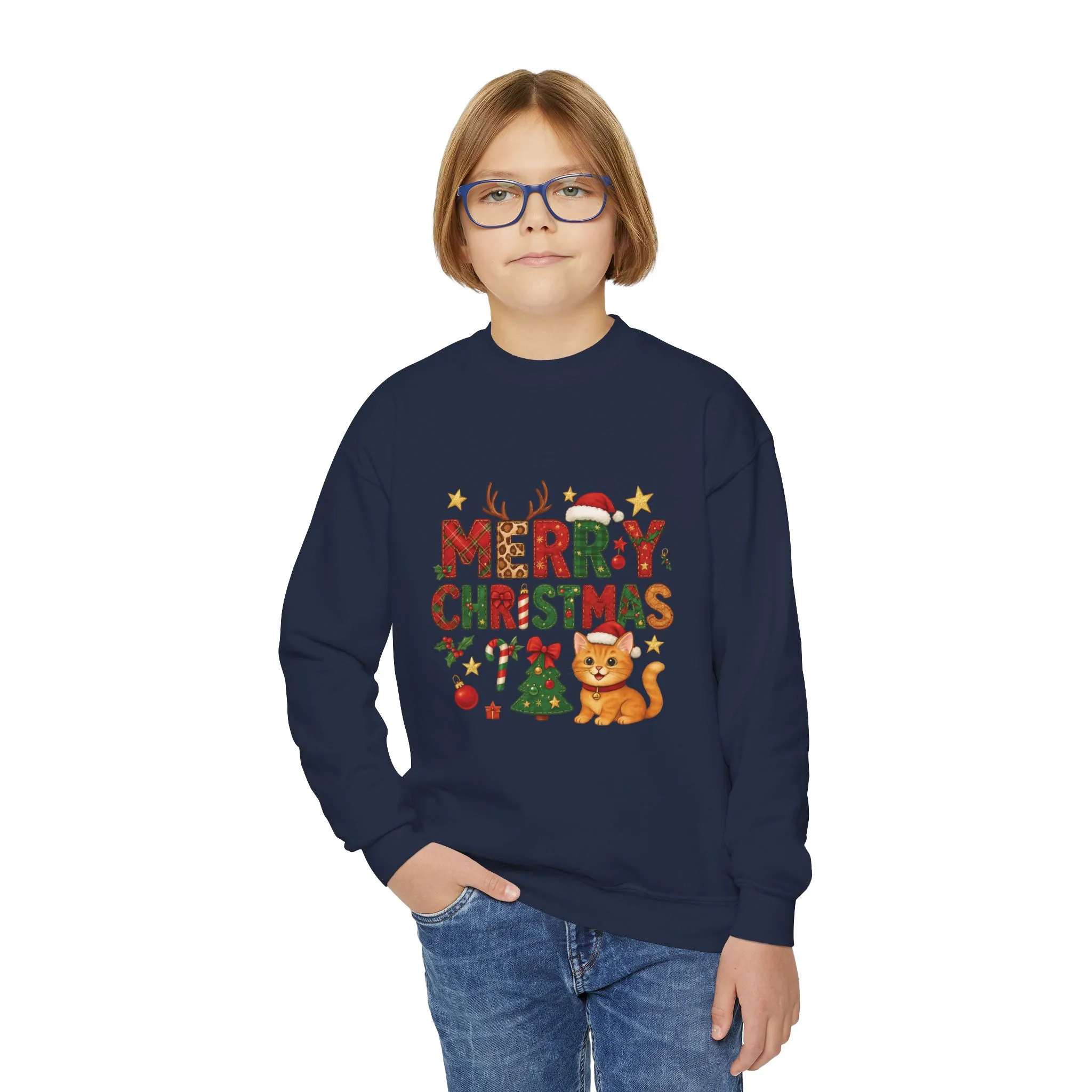 Merry Christmas Cat Sweatshirt for Girls, Cozy Holiday Kitten Jumper, Youth Crewneck Sweatshirt - Image 18