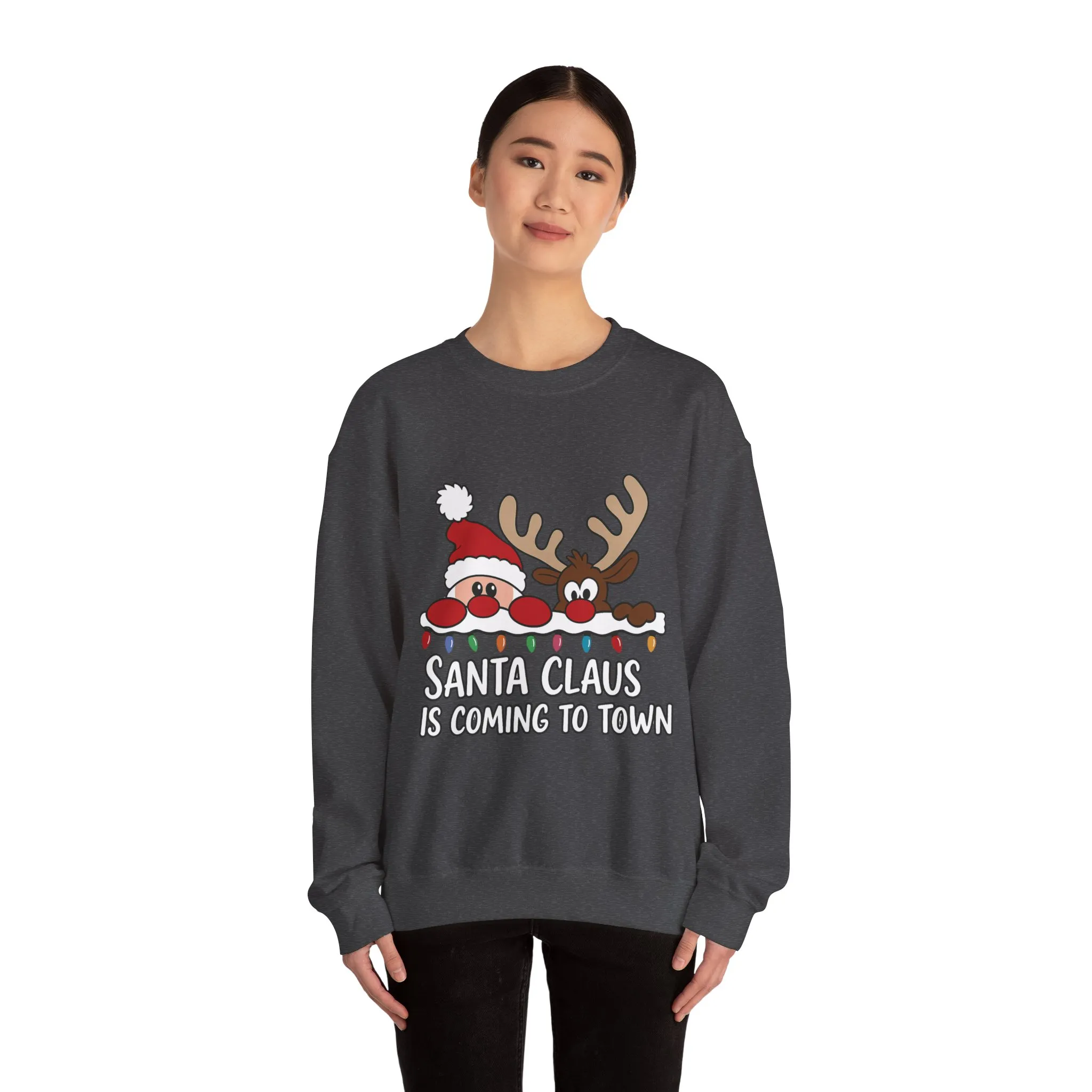 Santa Claus Is Coming to Town Women's Christmas Sweatshirt, Cute Santa - Reindeer Holiday Jumper - Image 2