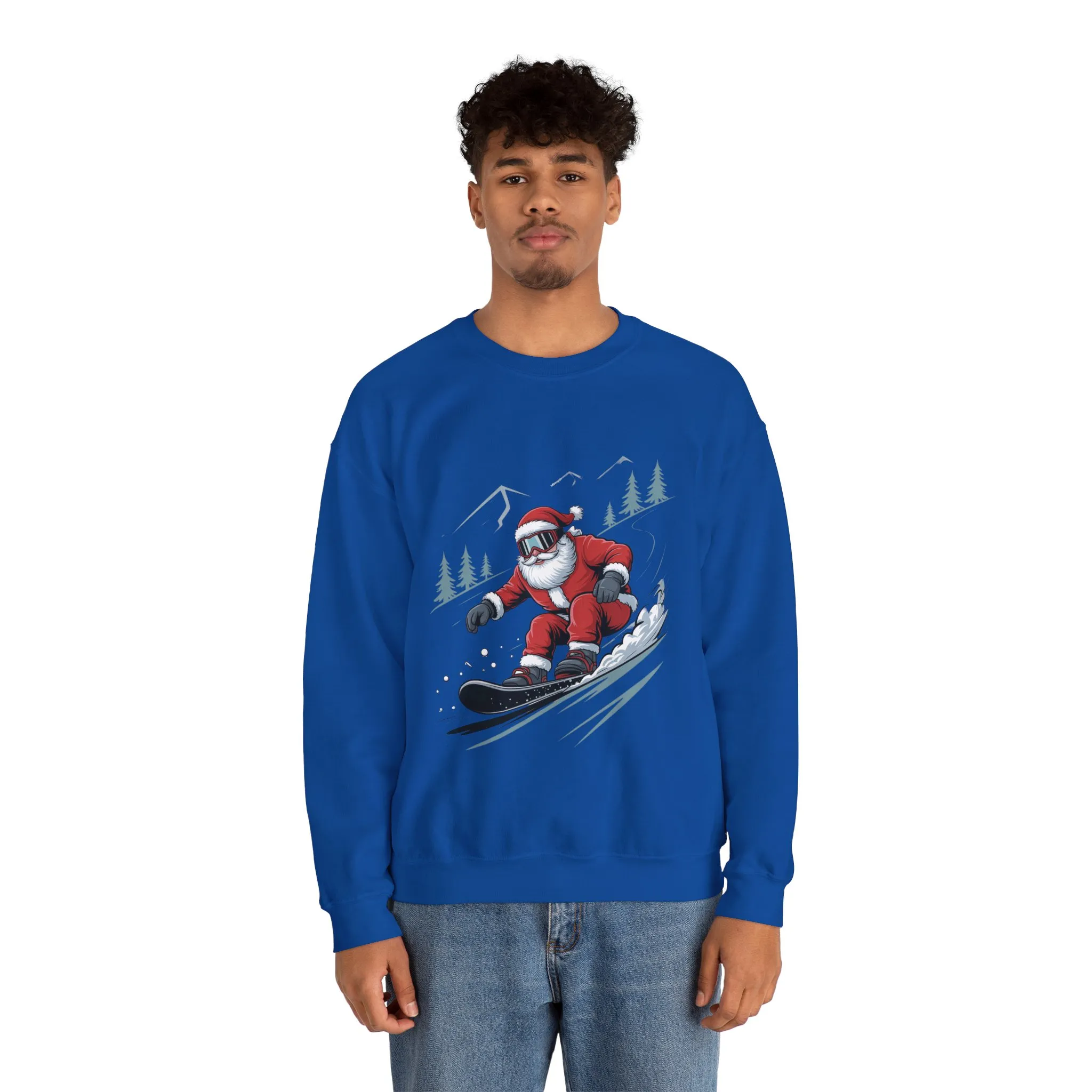 Snowboard Santa Christmas Sweatshirt, Cool Funny Holiday Sweater for Men, Santa Snowboarding Winter Jumper