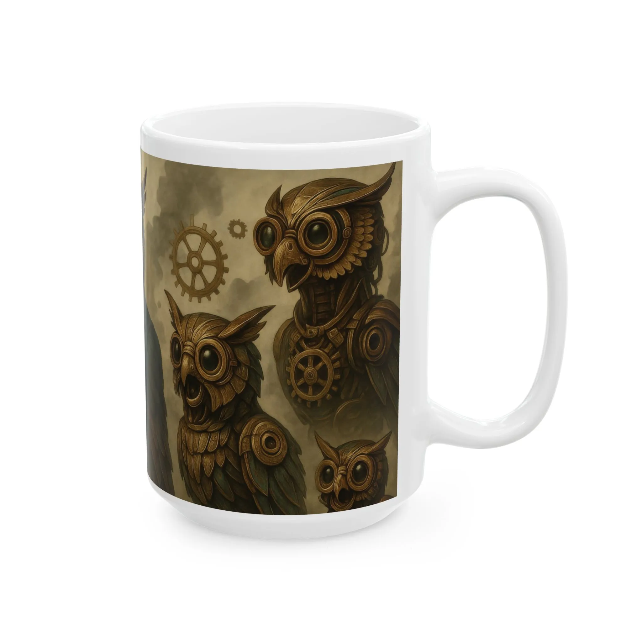 Steampunk Owl Mug, Victorian Mechanical Owl Coffee Cup, Brass Gear Owl Art, Industrial Fantasy Gift for Men, Steampunk Lovers, Mug, (15oz) - Image 4