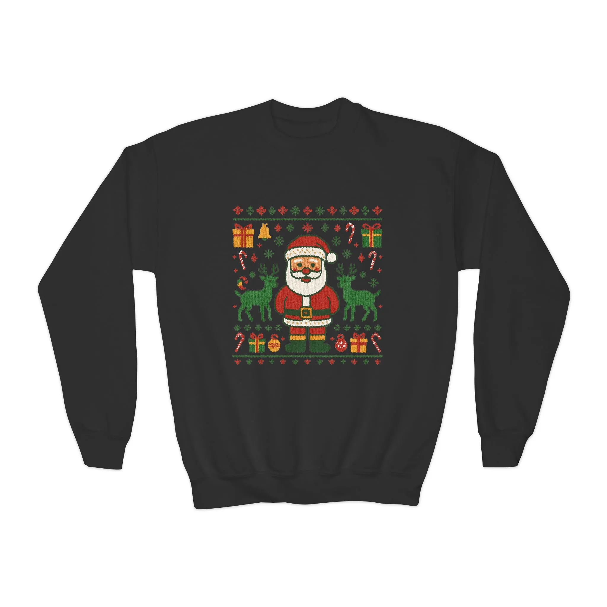Kids Santa Christmas Shirt, Cute Knit Pattern Holiday Sweatshirt, Youth Crewneck Sweatshirt - Image 4