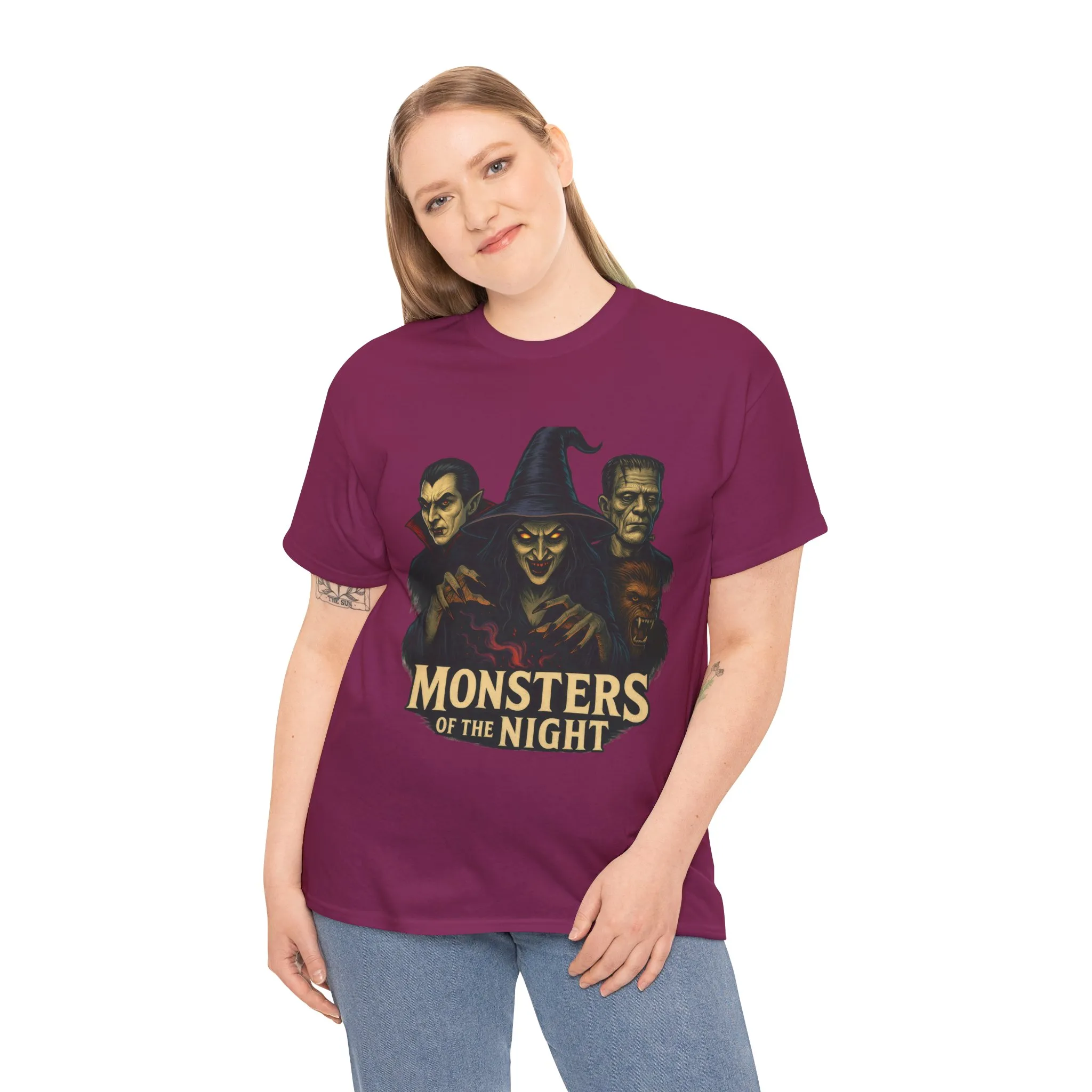 Monsters of the Night Women's T-Shirt, Classic Horror Witch, Vampire, Frankenstein Halloween Tee - Image 3